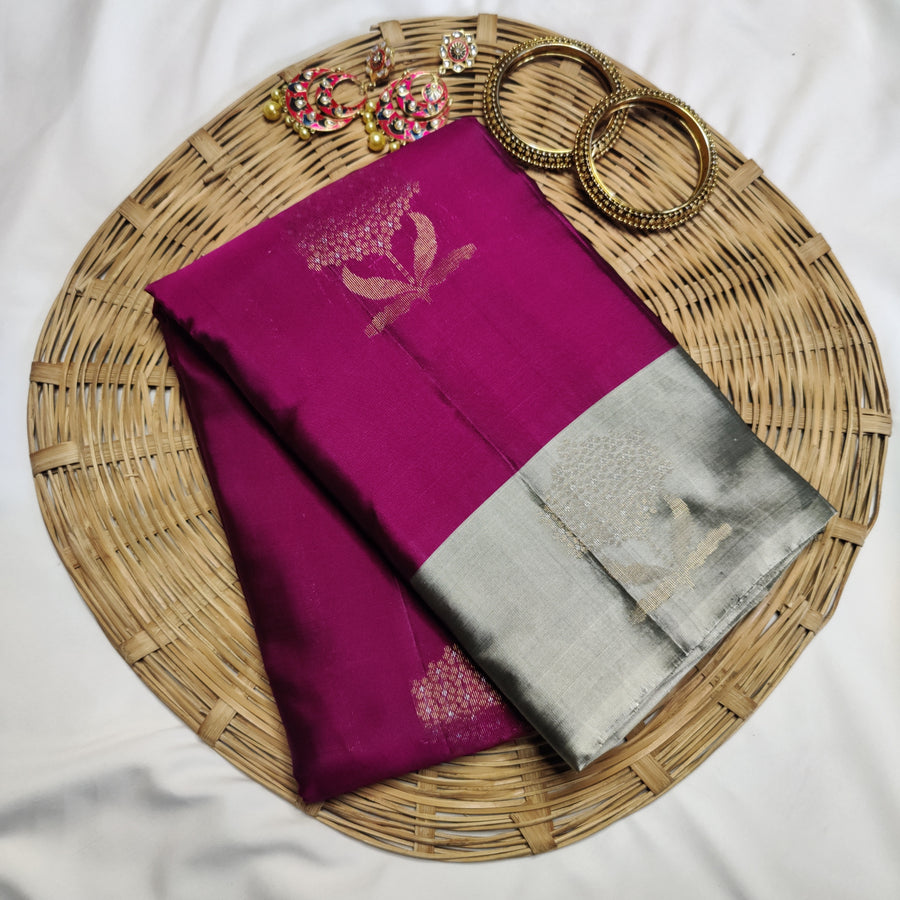 Light Golden and Silver Buta Design Soft Silk Kanchipuram Saree | PRS144