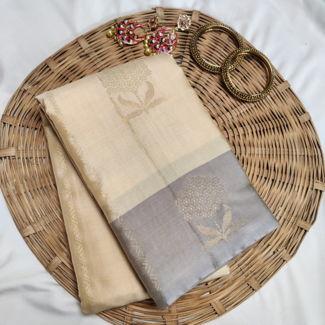 Light Golden and Silver Buta Design Soft Silk Kanchipuram Saree | PRS144