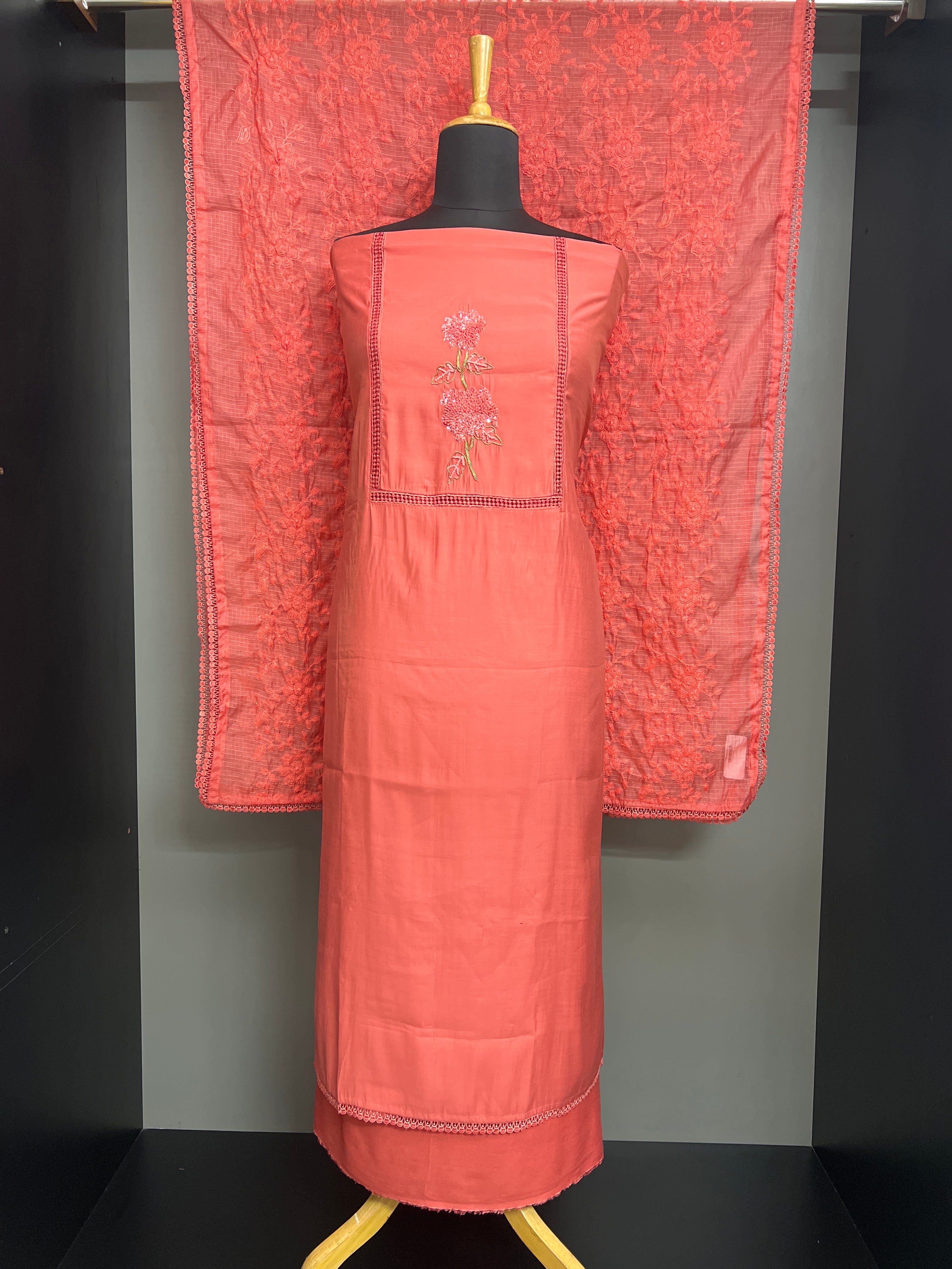 Yoke Hand Work Design Mul Chanderi Salwar Set | SW2513