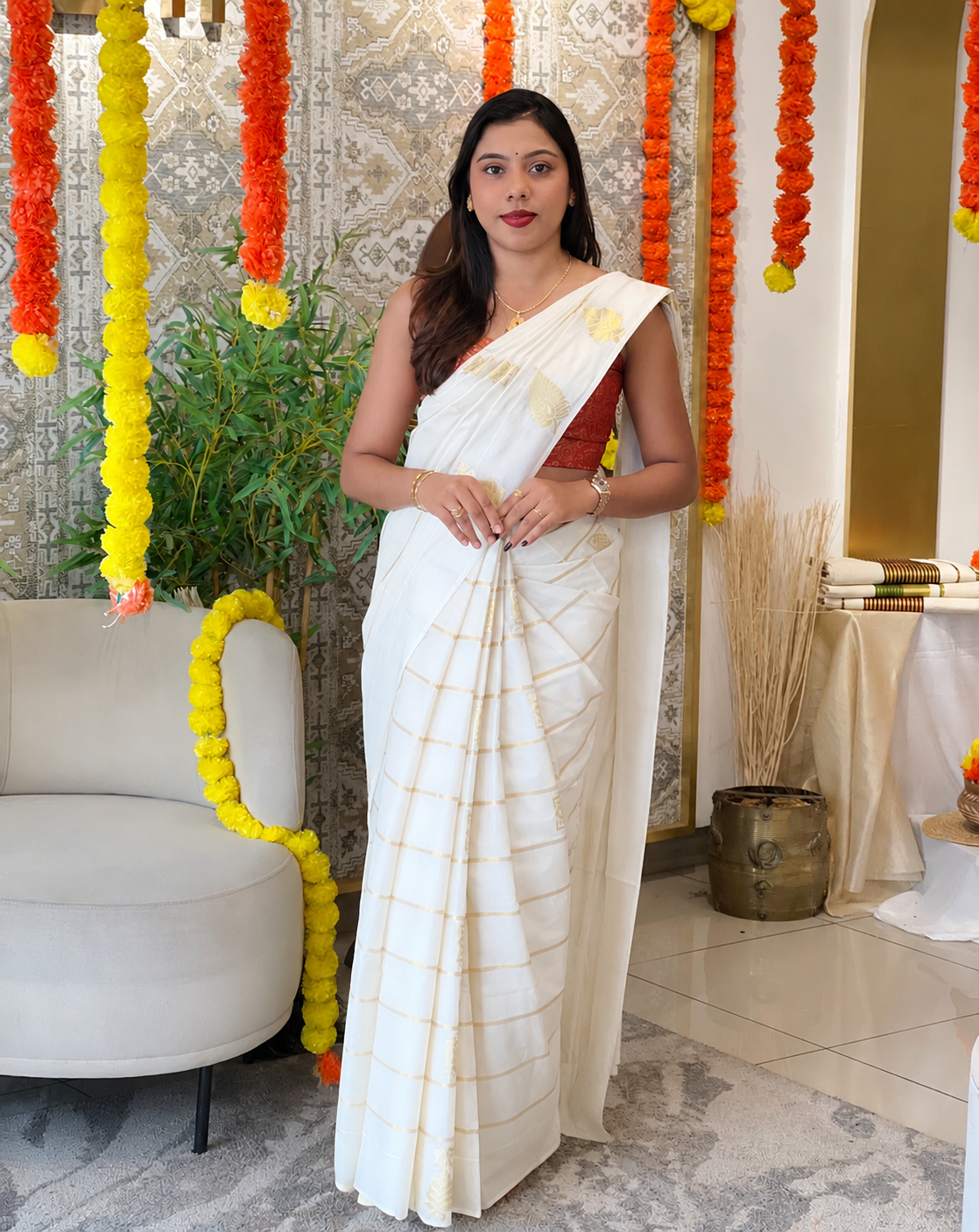 Line Weaving Pattern Kerala Cotton Saree | RLF146
