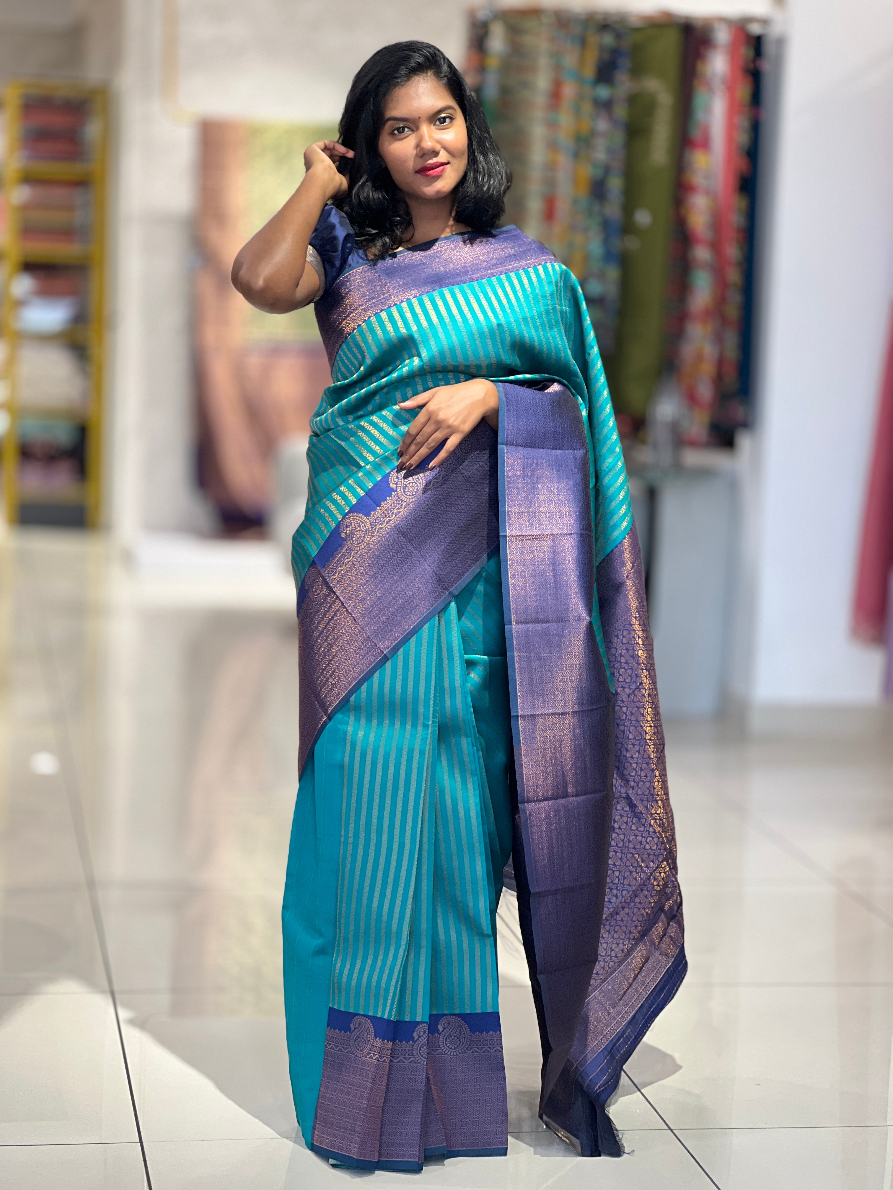 Traditional Zari Woven Stripe Patterned Semi Silk Saree | SRK112