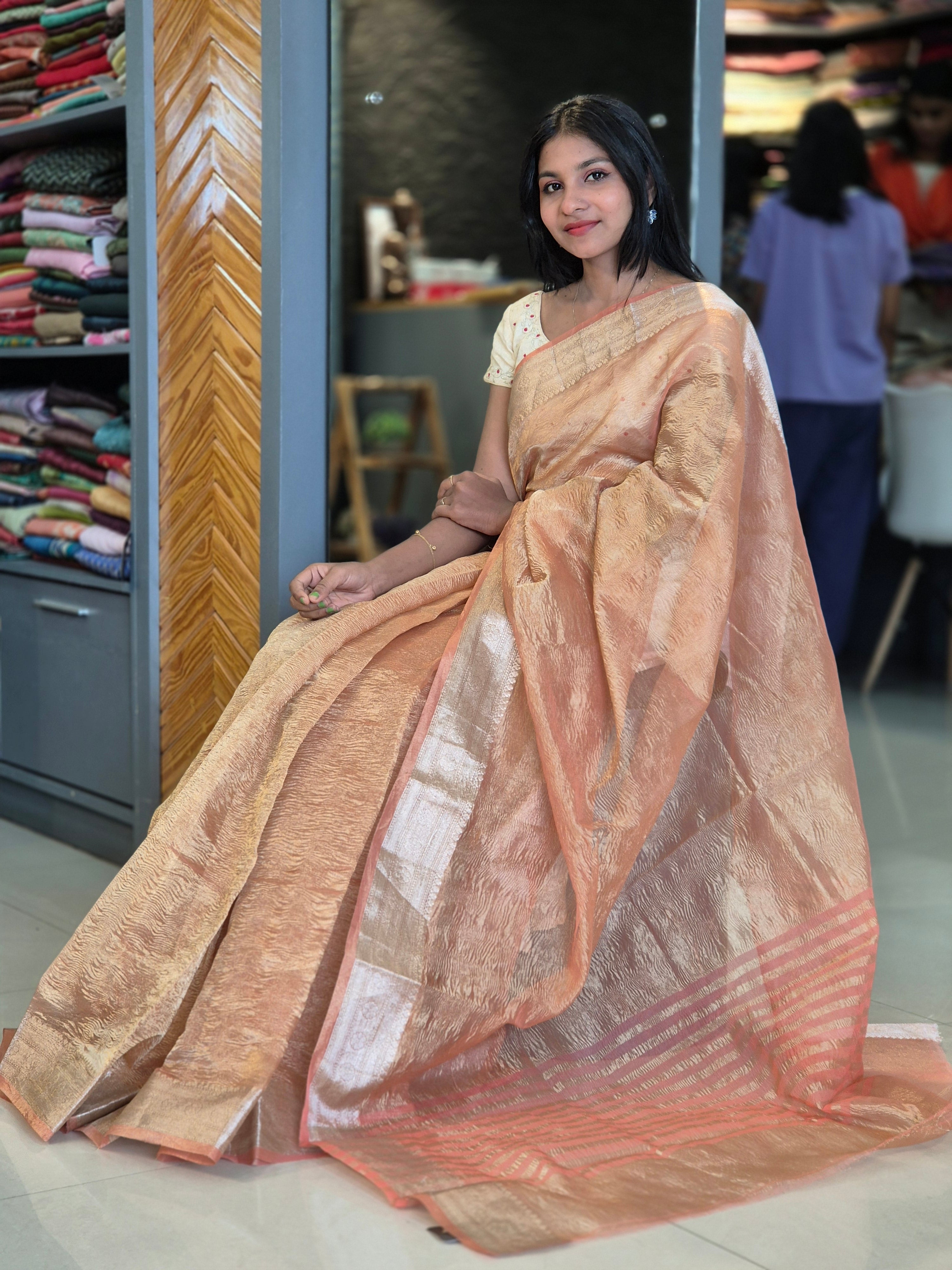 Light Golden Zari Weaving Crush Tissue Saree | YNG323
