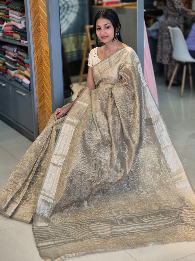 Light Golden Zari Weaving Crush Tissue Saree | YNG323