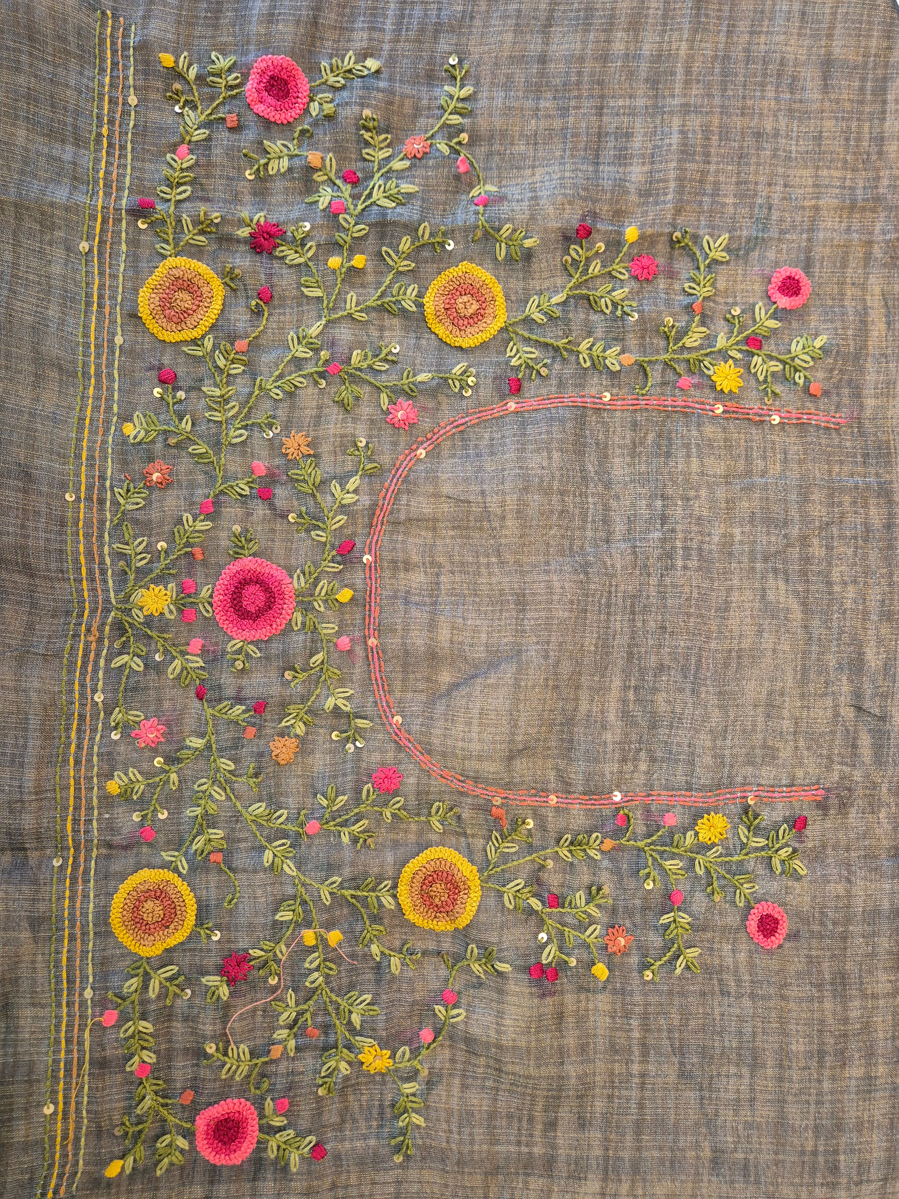 Hand Embroidery Tussar Linen Saree | KSD106