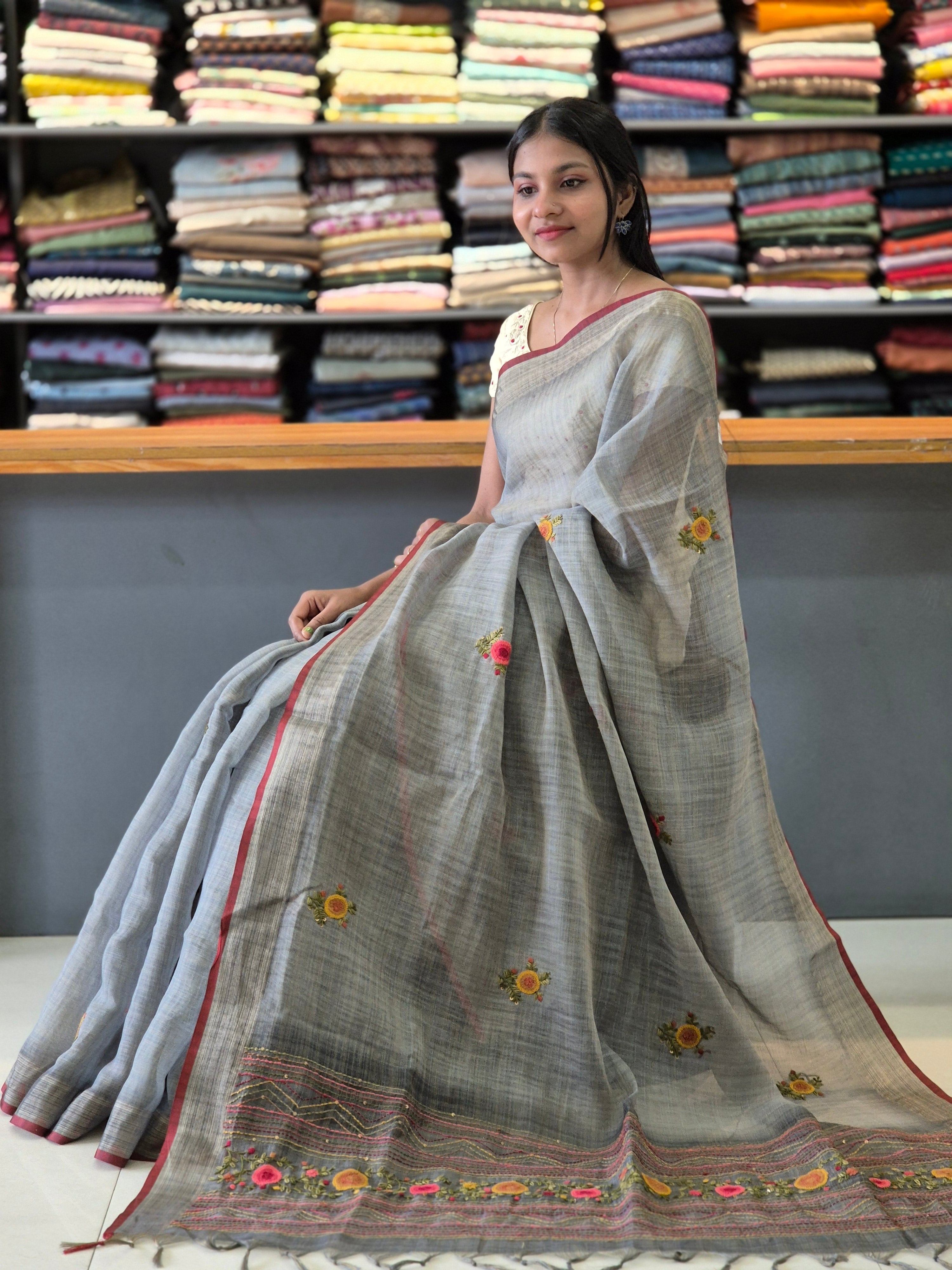 Hand Embroidery Tussar Linen Saree | KSD106