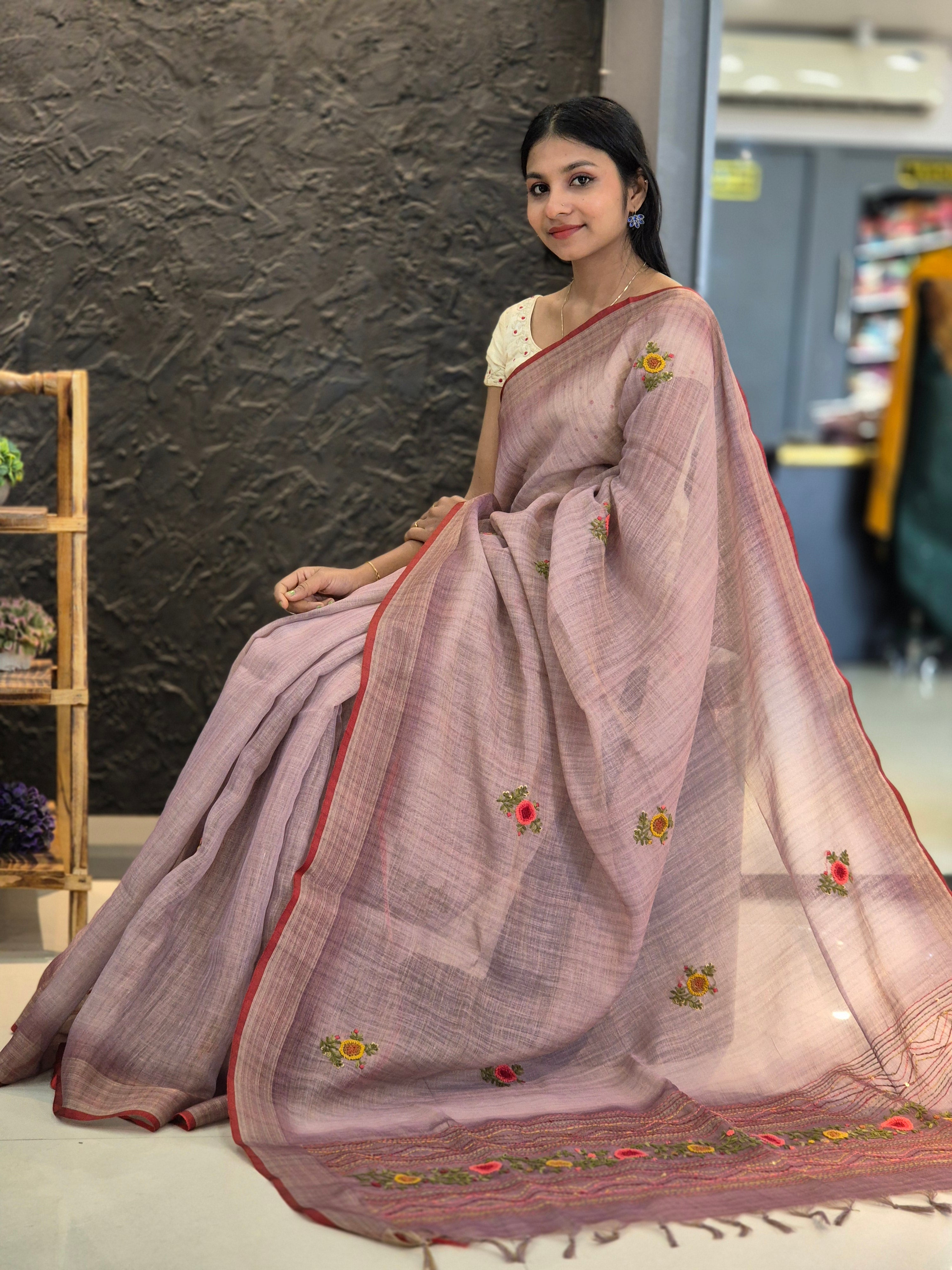 Hand Embroidery Tussar Linen Saree | KSD106