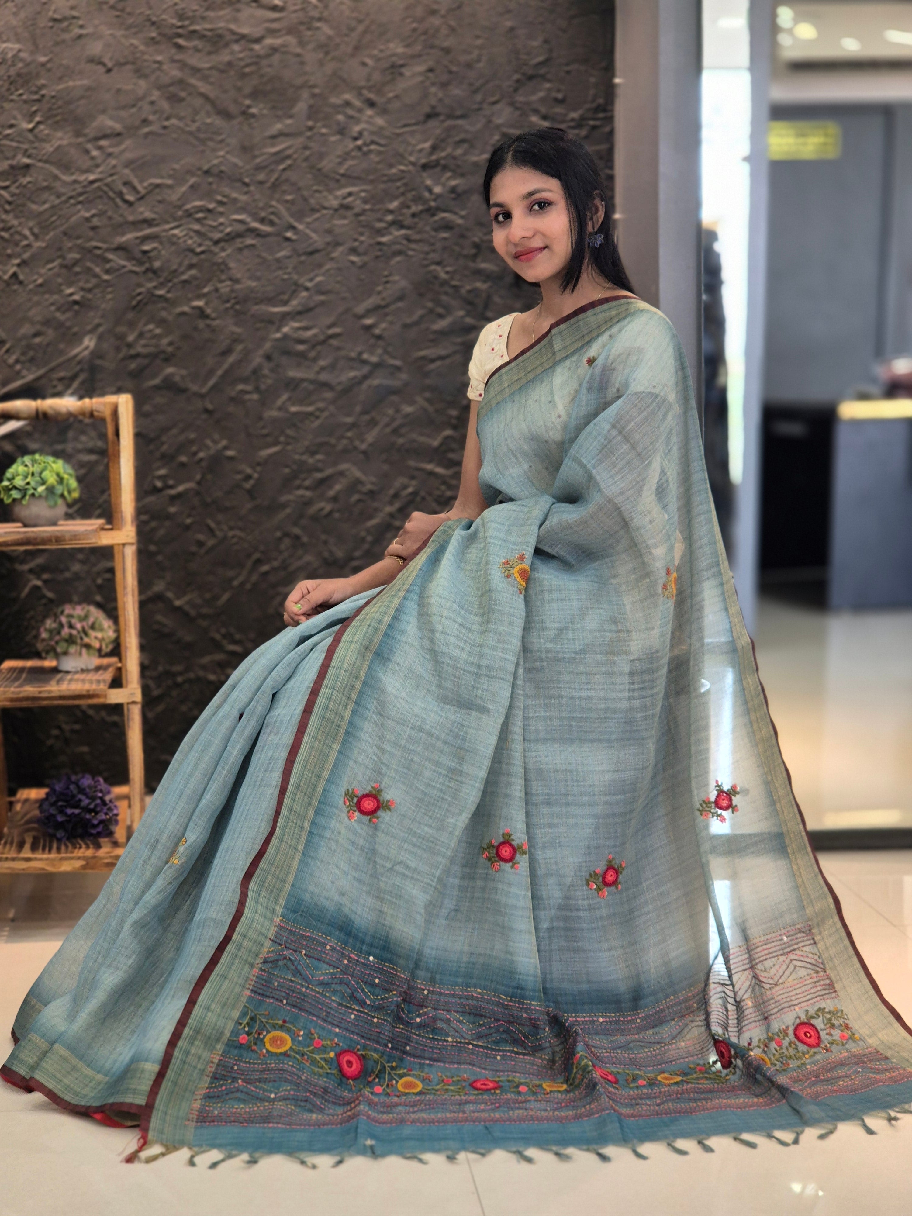 Hand Embroidery Tussar Linen Saree | KSD106