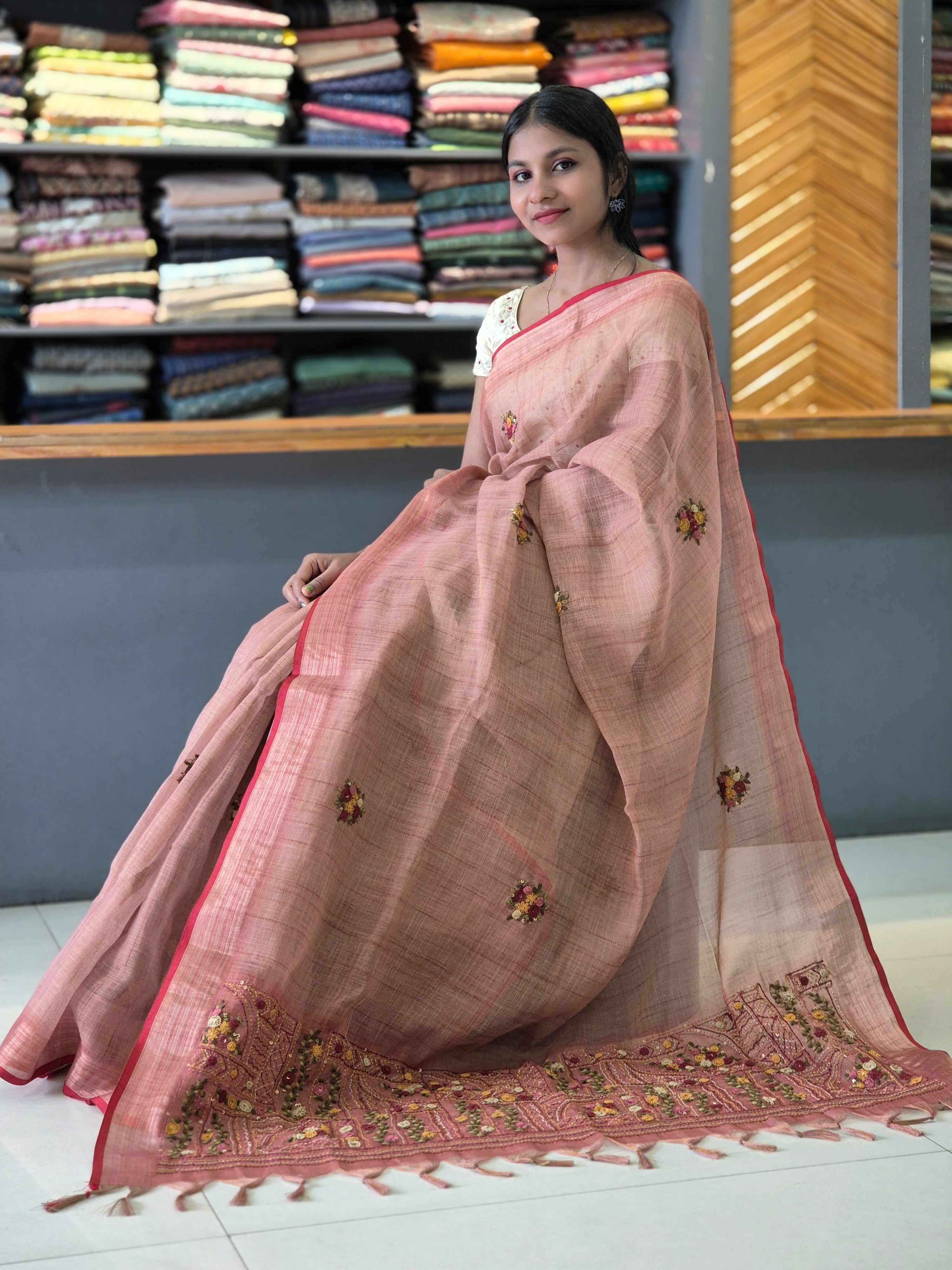 Hand Embroidery Tussar Linen Saree | KSD104