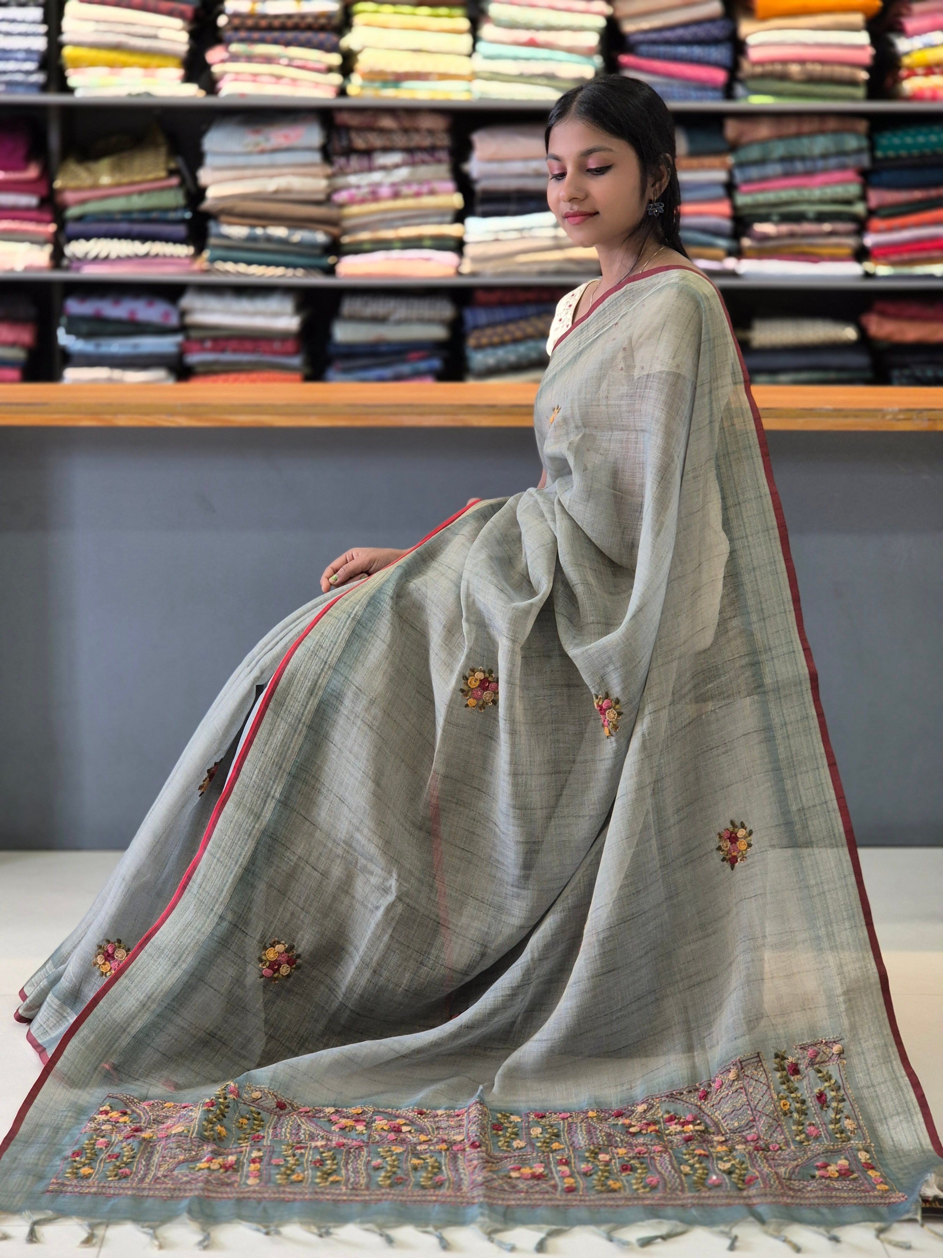 Hand Embroidery Tussar Linen Saree | KSD104