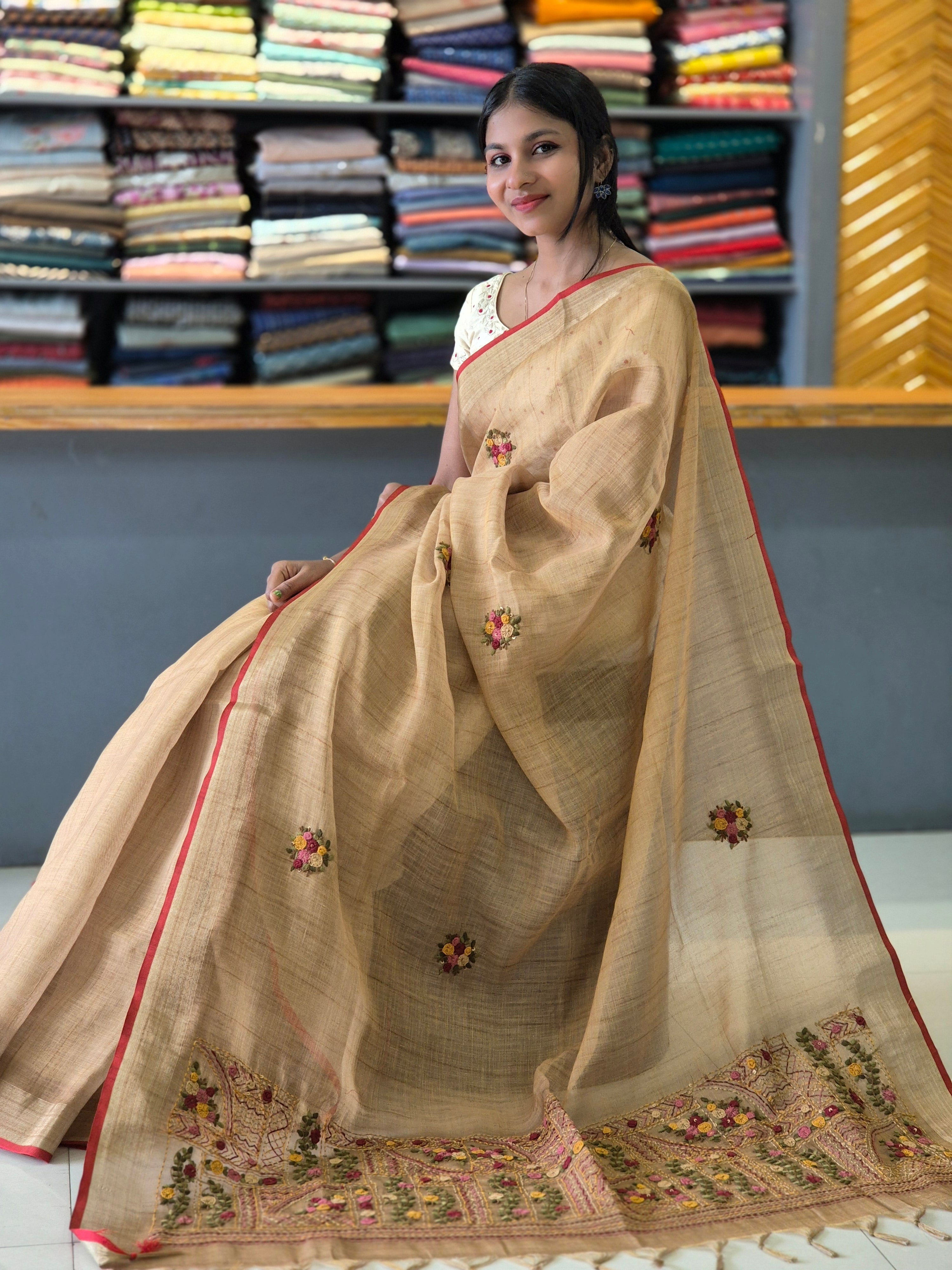 Hand Embroidery Tussar Linen Saree | KSD104