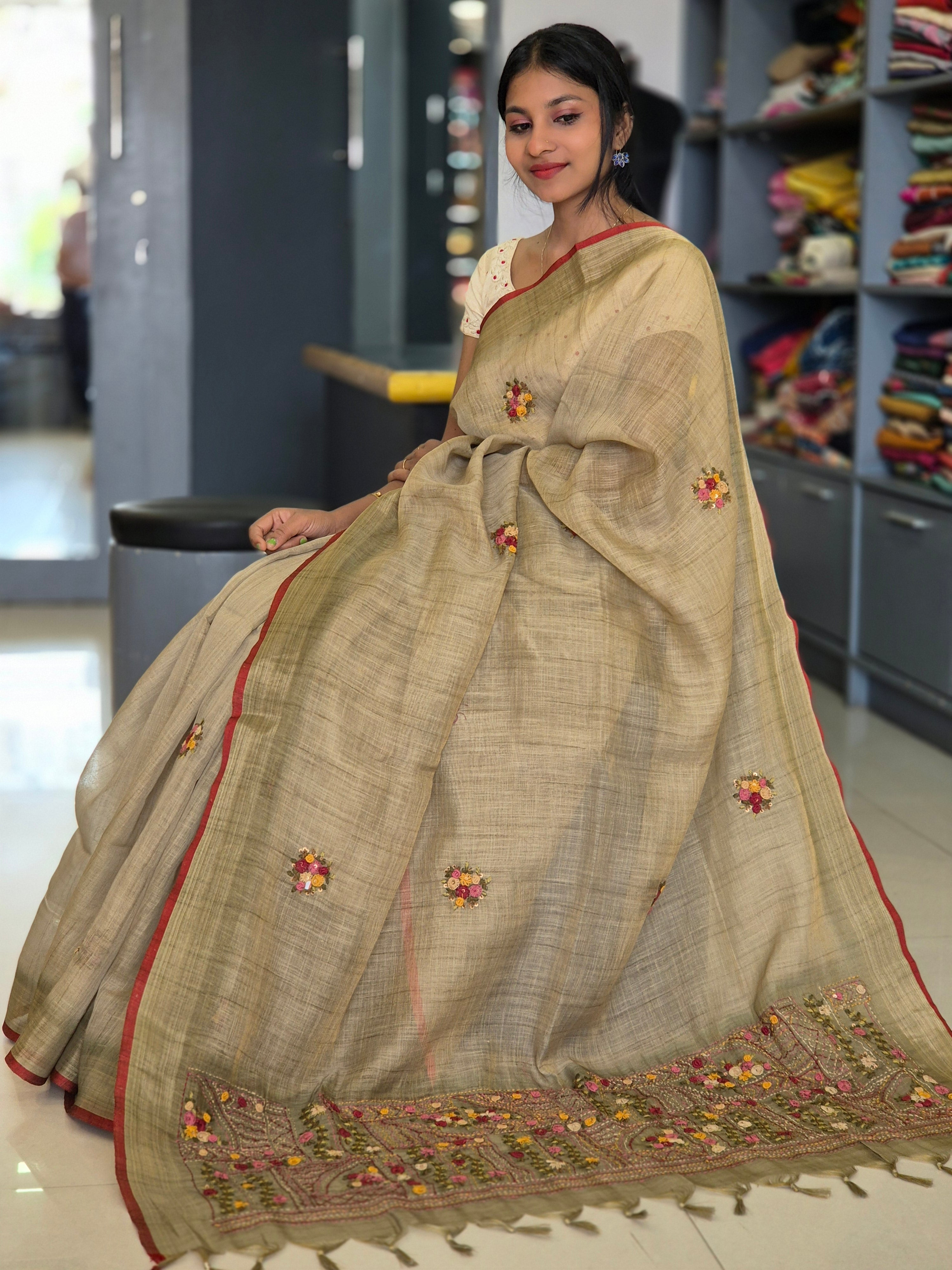 Hand Embroidery Tussar Linen Saree | KSD104