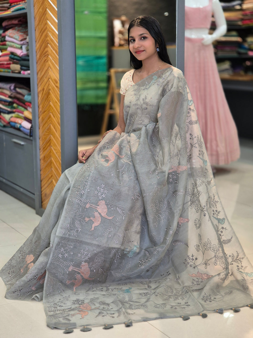 Machine Embroidery Organza Saree | SMC128