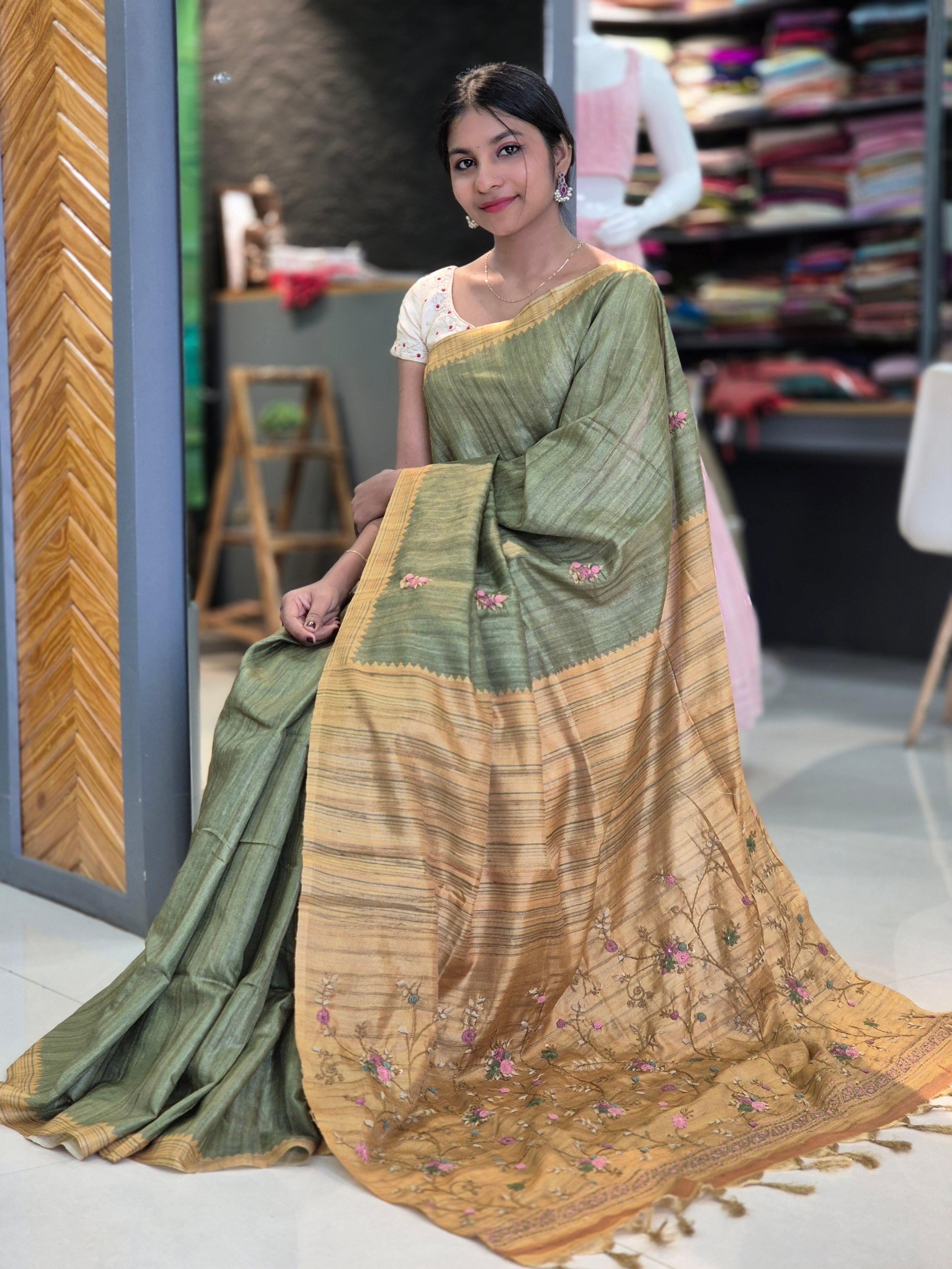 Printed & Embroidery Geecha Tussar Finish Saree | KSD101