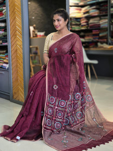 Floral Hand Embroidery Linen Saree | GMS121