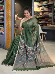 Floral Hand Embroidery Linen Saree | GMS121