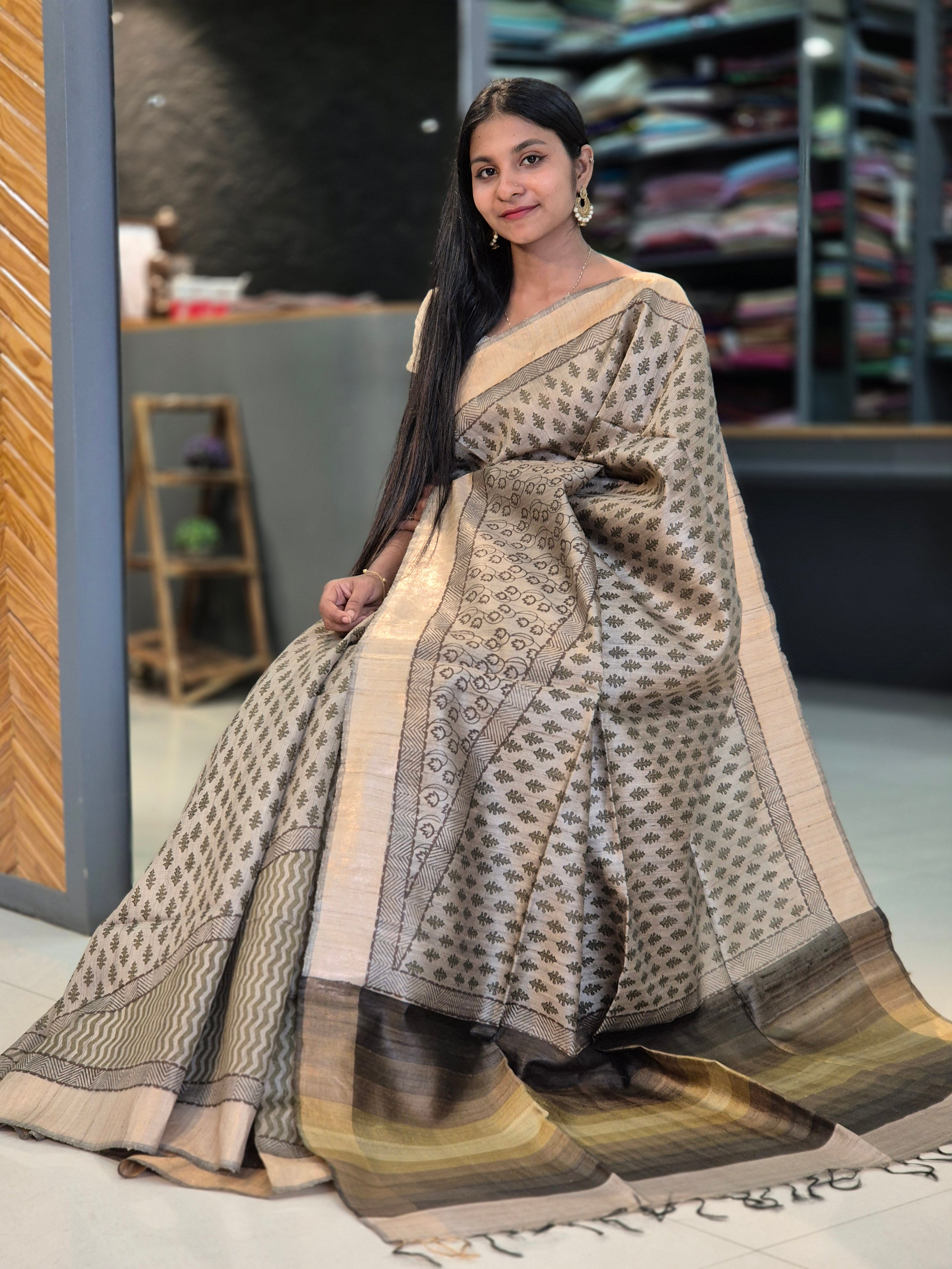 Block Printed Matka Tussar Saree | SUM102