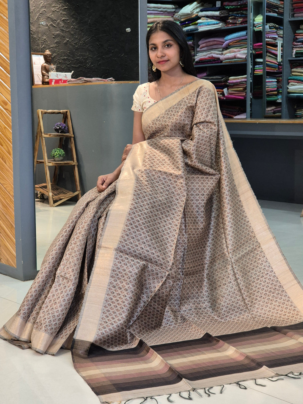 Block Printed Matka Tussar Saree | SUM103