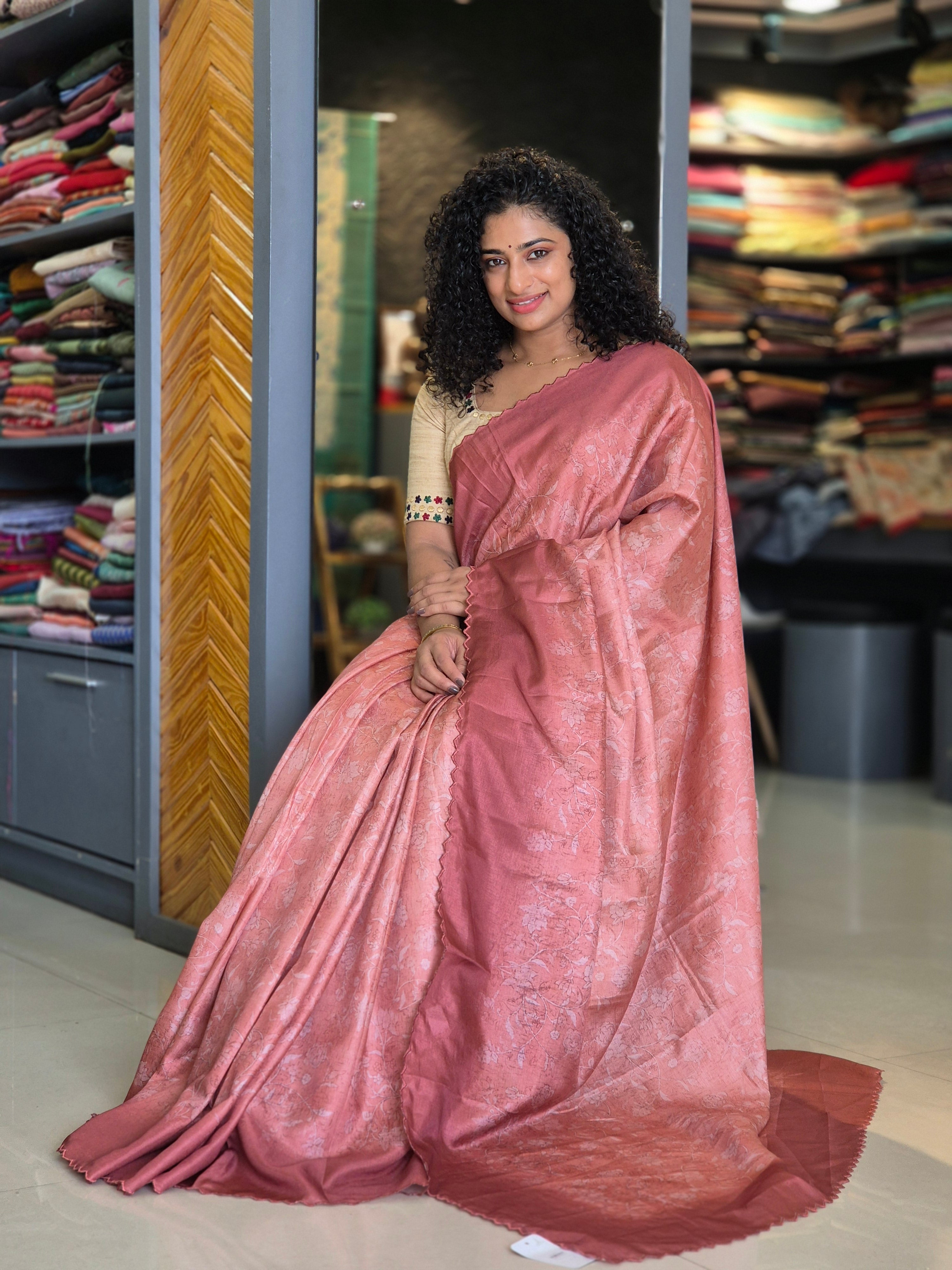 Floral Printed Tussar Finish Saree | SBP178