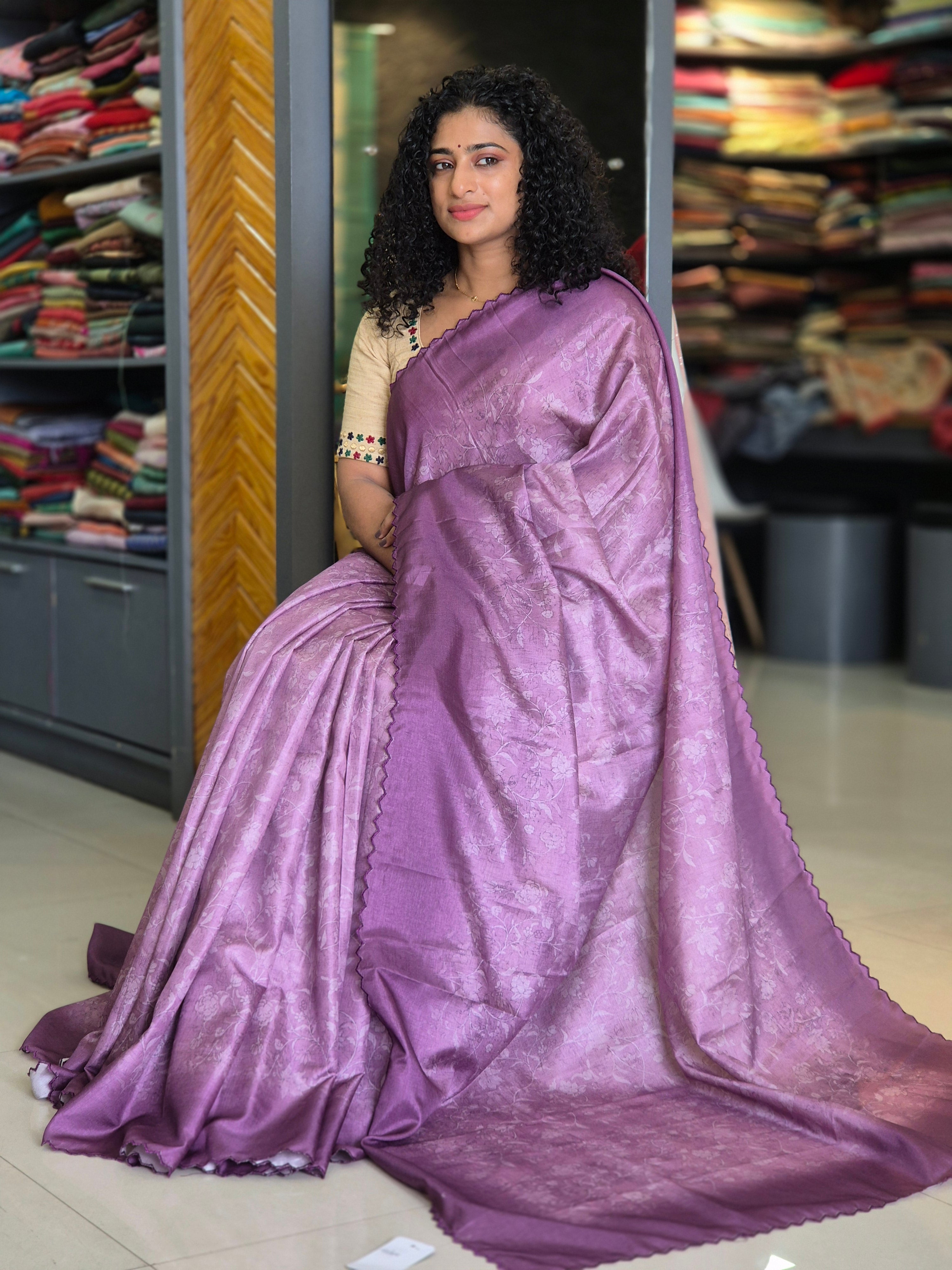 Floral Printed Tussar Finish Saree | SBP178