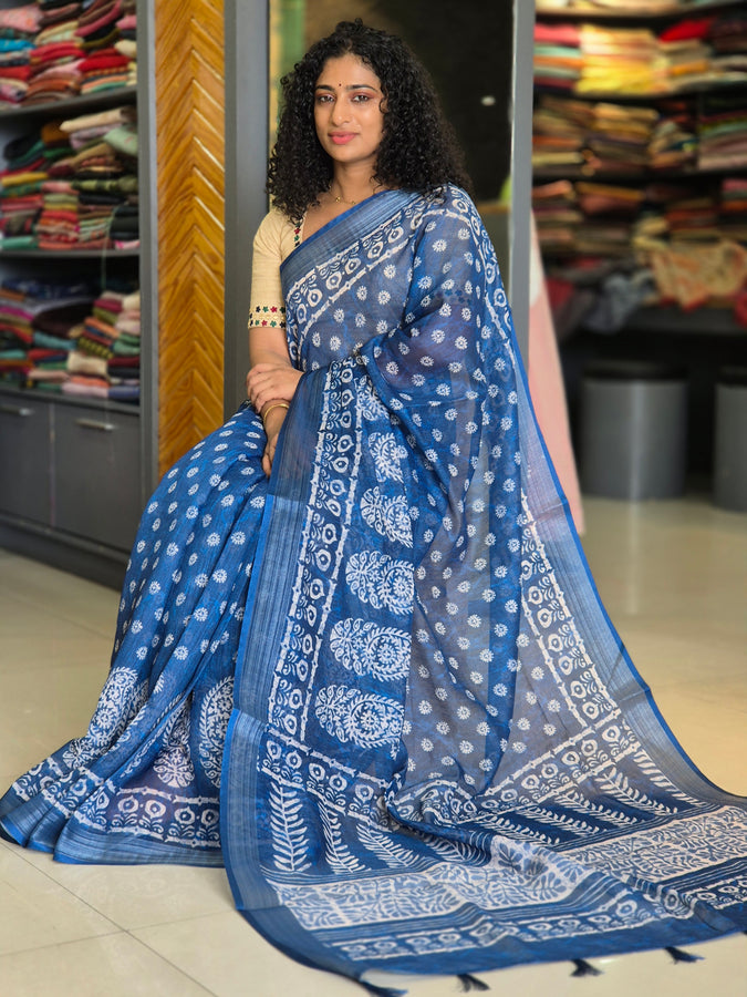 Indigo Printed Bhagalpuri Linen Saree | BLD278