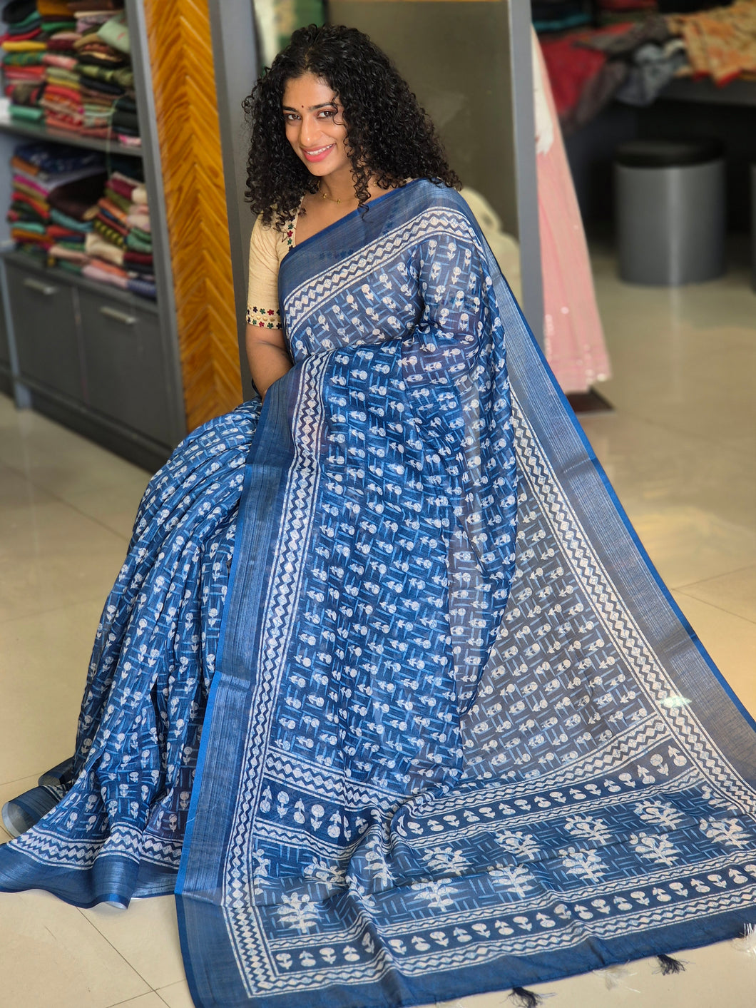 Indigo Printed Bhagalpuri Linen Saree | BLD276