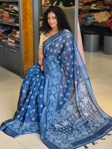 Indigo Printed Bhagalpuri Linen Saree | BLD275