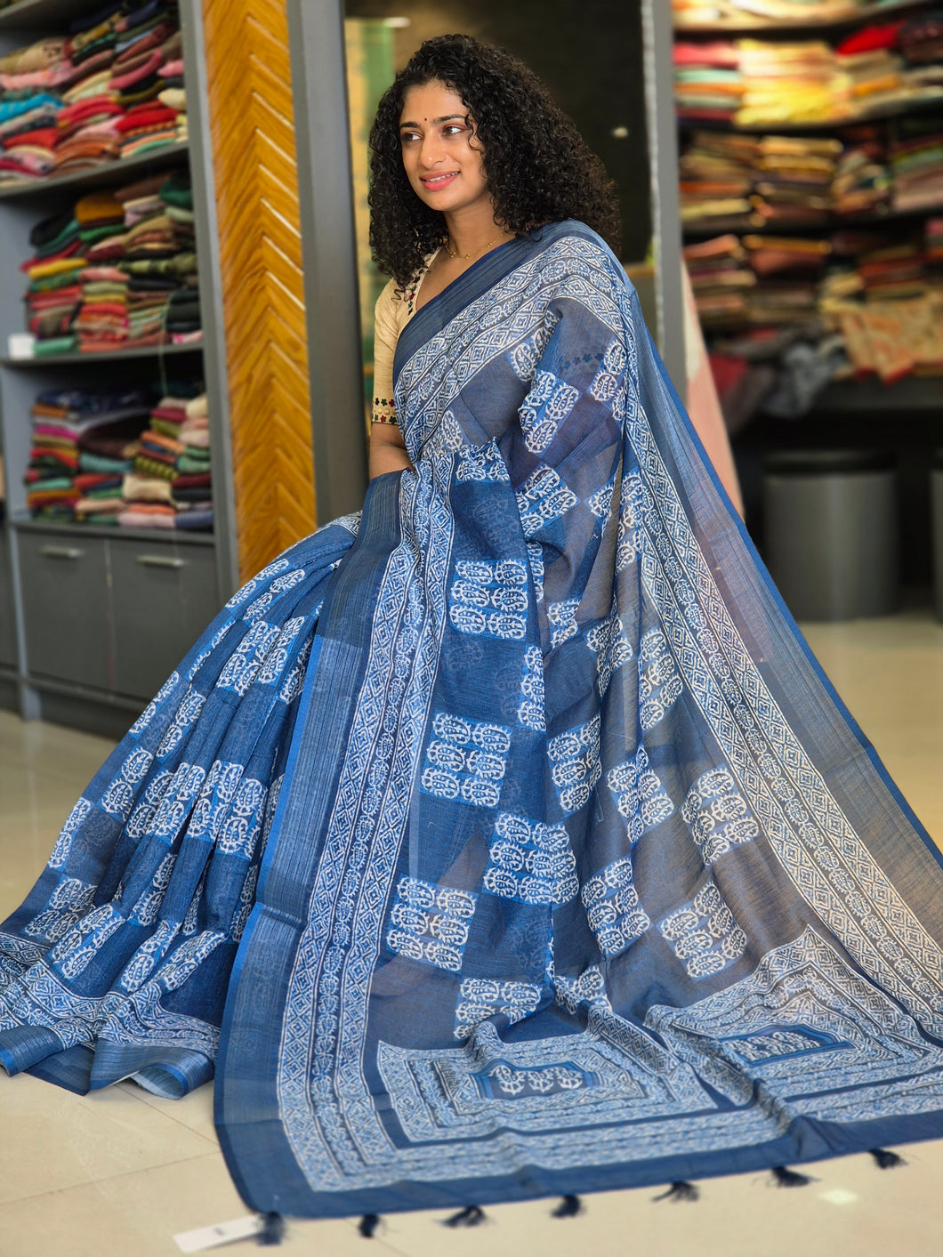 Indigo Printed Bhagalpuri Linen Saree | BLD273