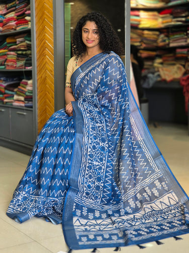 Indigo Printed Bhagalpuri Linen Saree | BLD279