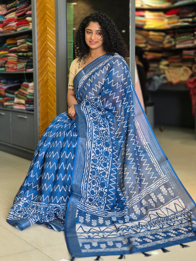 Indigo Printed Bhagalpuri Linen Saree | BLD279