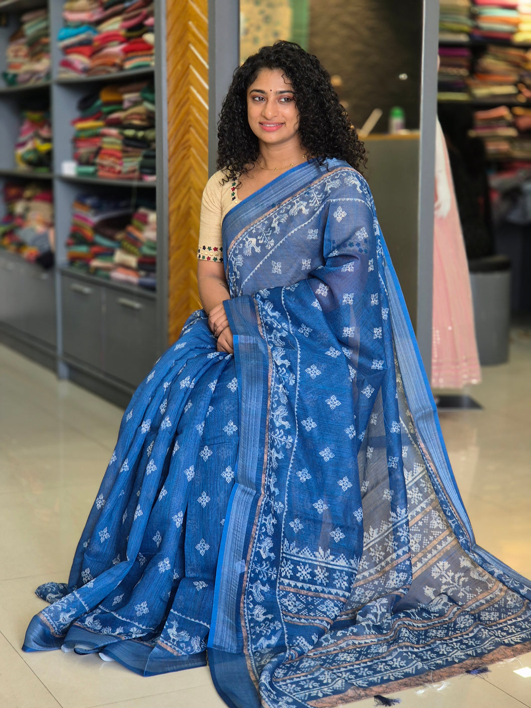 Indigo Printed Bhagalpuri Linen Saree | BLD272