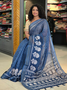 Indigo Printed Bhagalpuri Linen Saree | BLD274