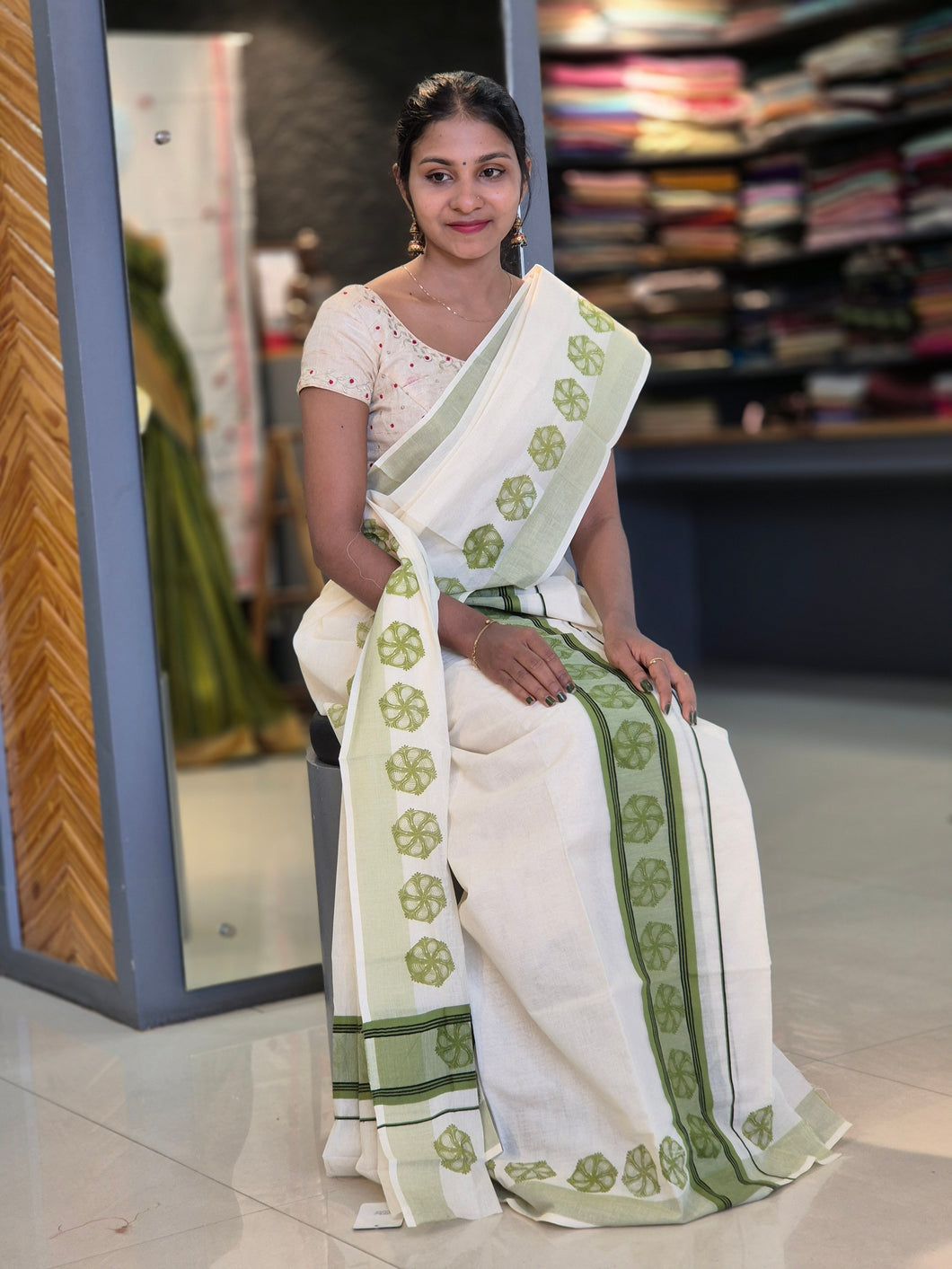 Green Block Printed Kerala Cotton Double Set Dhothie | GAT147