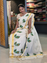 Peacock Feather Screen Printed  Kerala Cotton Set Mundu | KL165