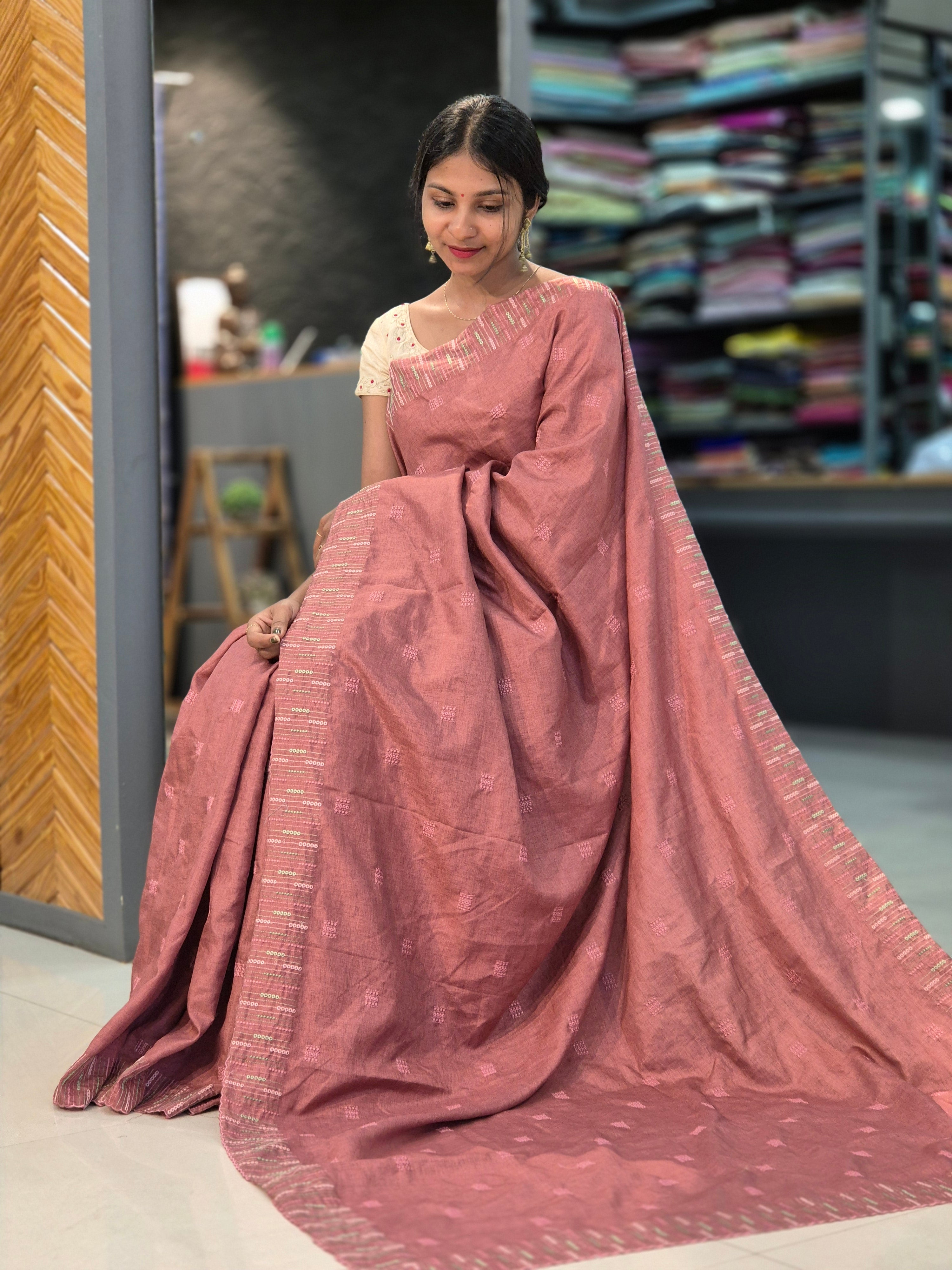 Machine Embroidery Semi Tussar Saree | SBP241