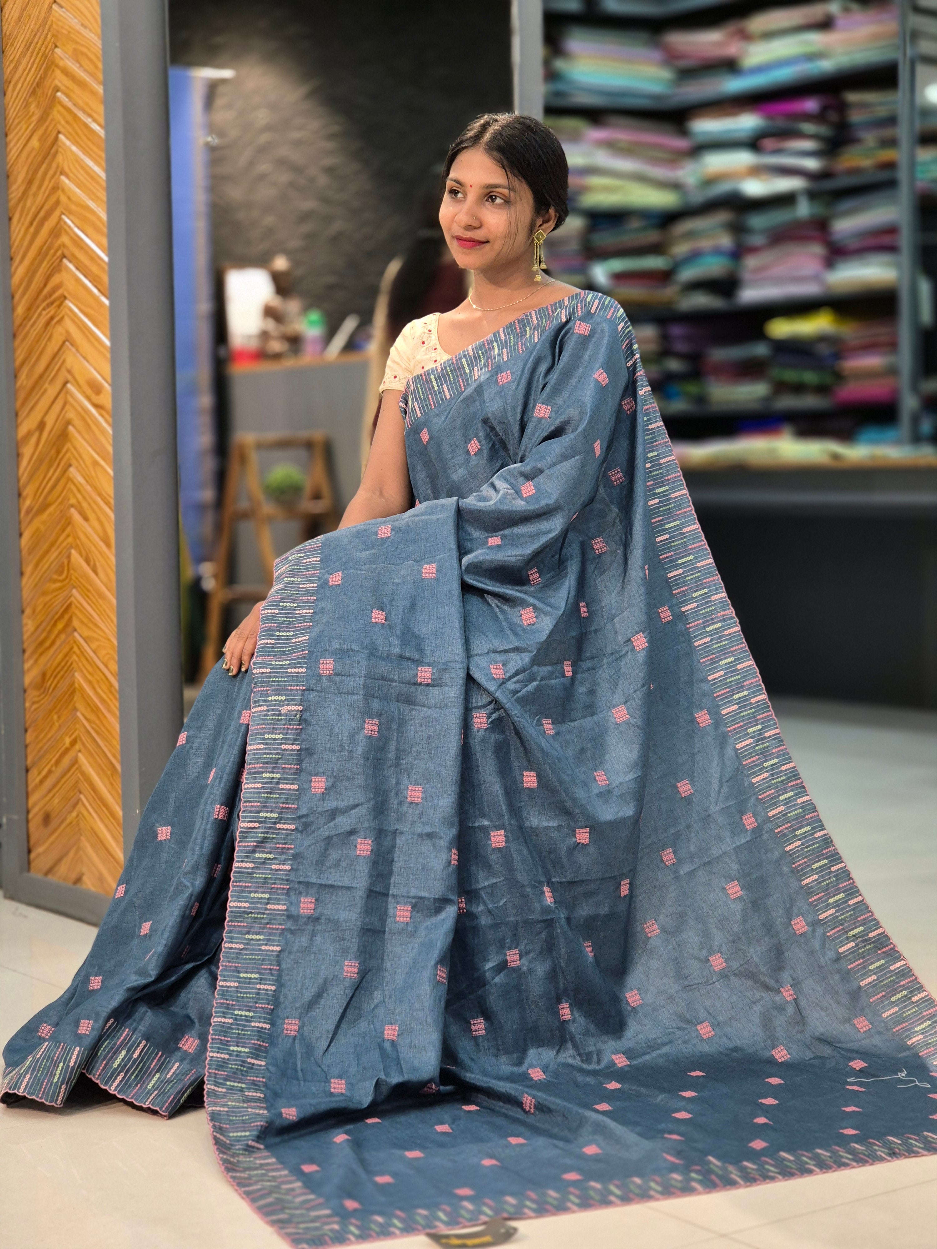 Machine Embroidery Semi Tussar Saree | SBP241