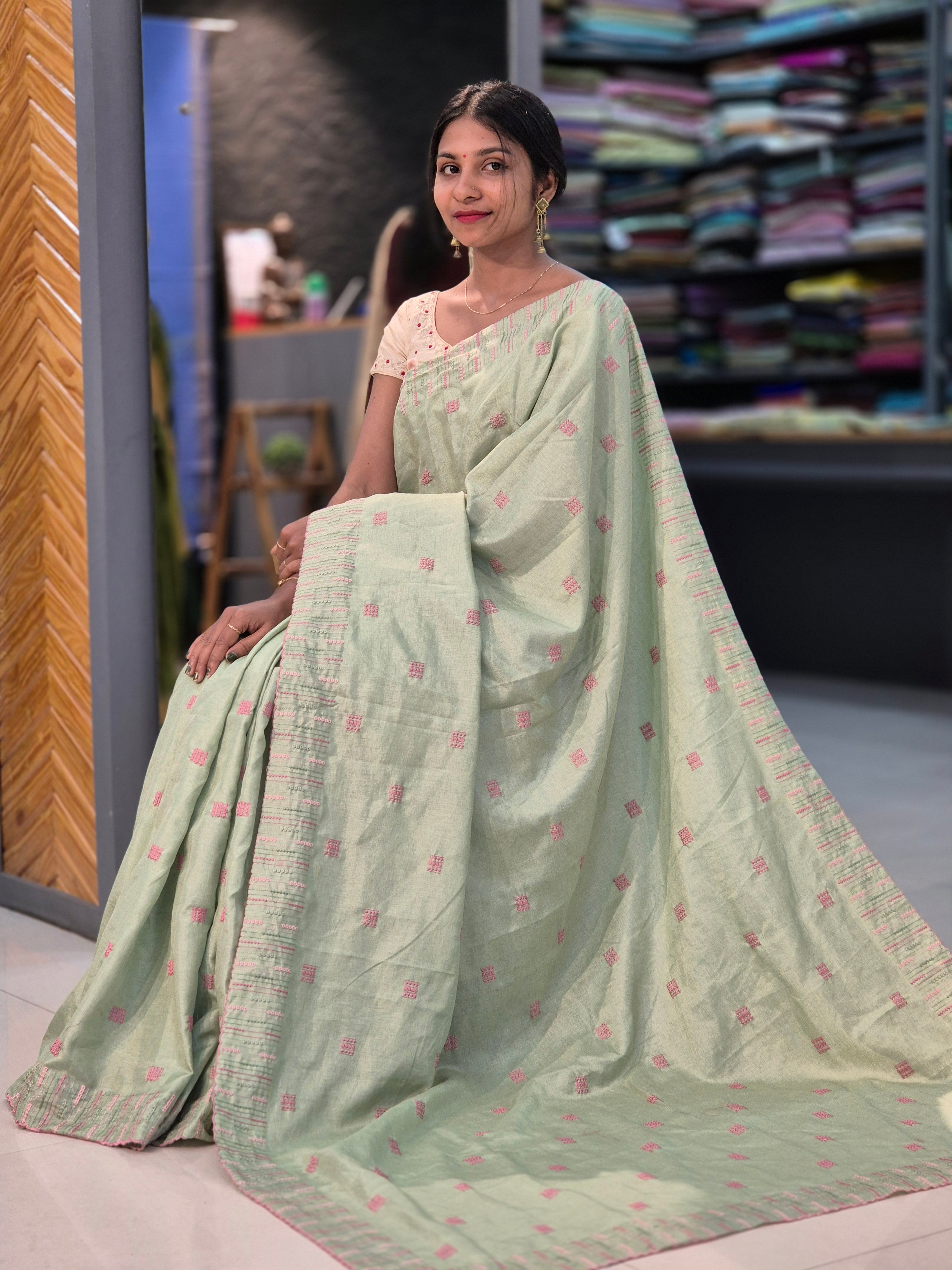 Machine Embroidery Semi Tussar Saree | SBP240