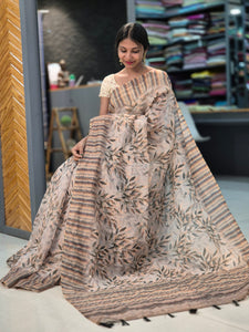 Leaf Pattern & Kantha Highlighted Semi Silk Saree | SBP180