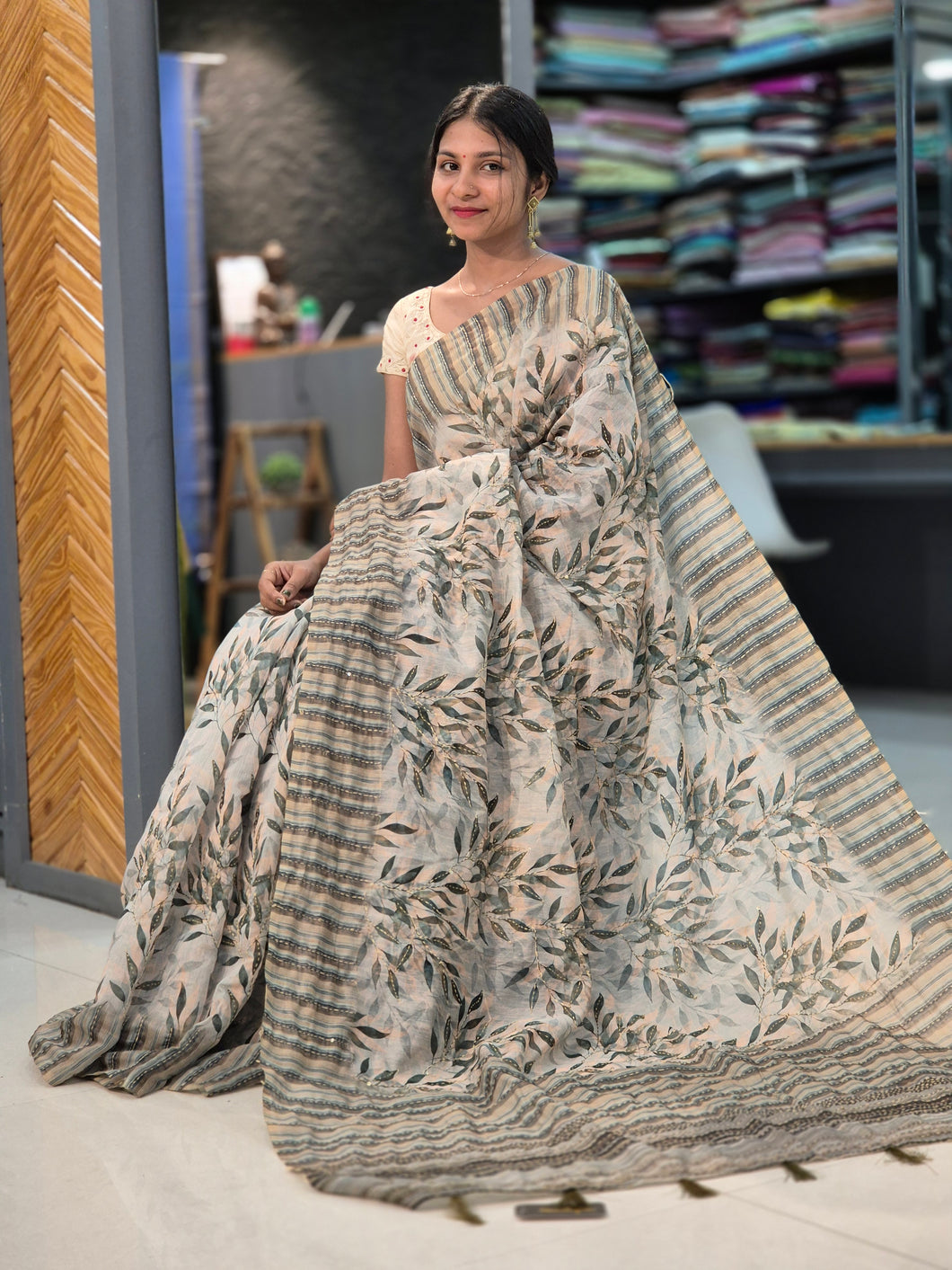 Leaf Pattern & Kantha Highlighted Semi Silk Saree | SBP180
