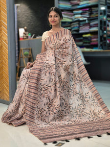 Leaf Pattern & Kantha Highlighted Semi Silk Saree | SBP180