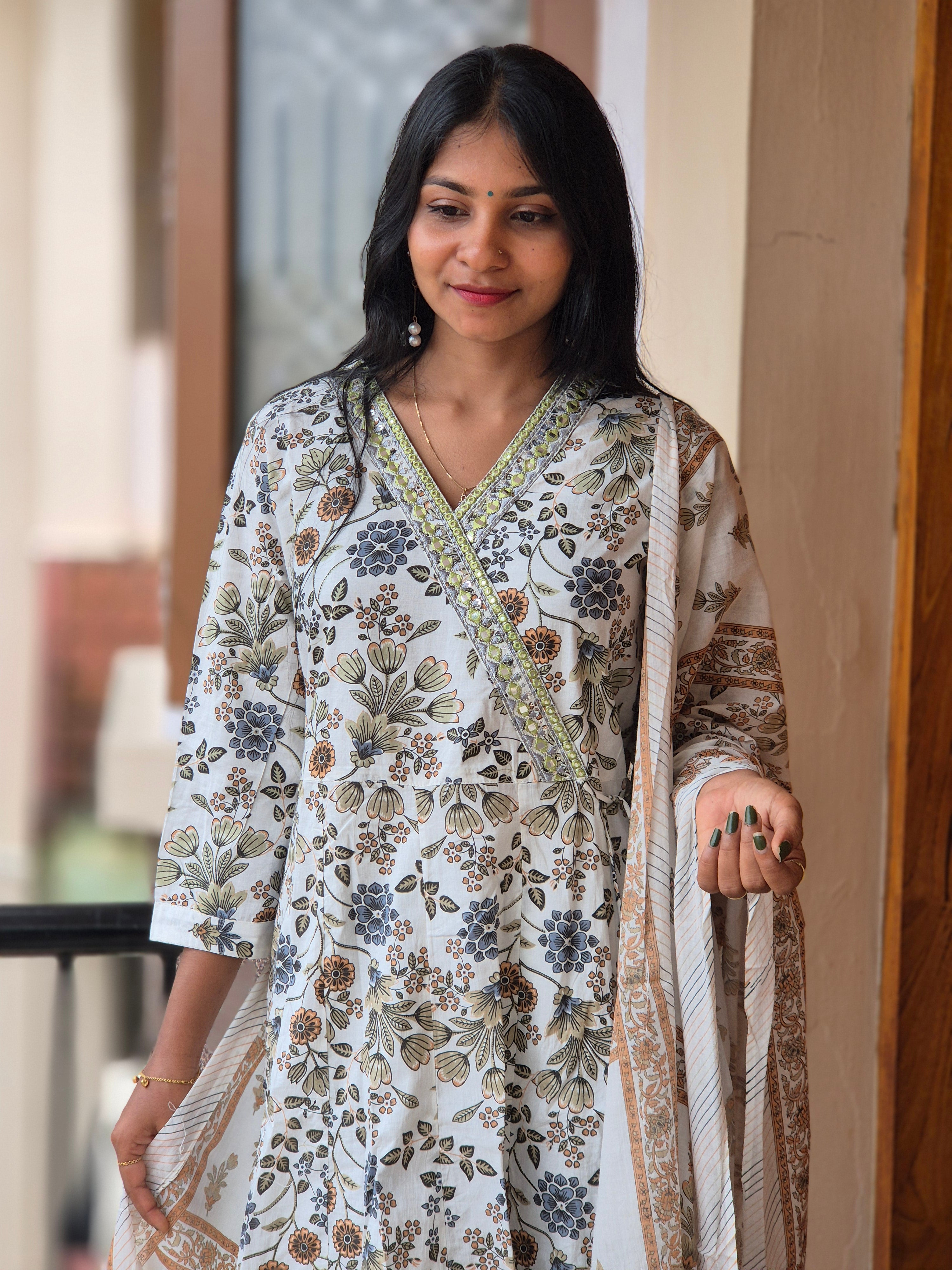 Angrakha Pattern With Printed Design Cotton Kurta Set | NCF162