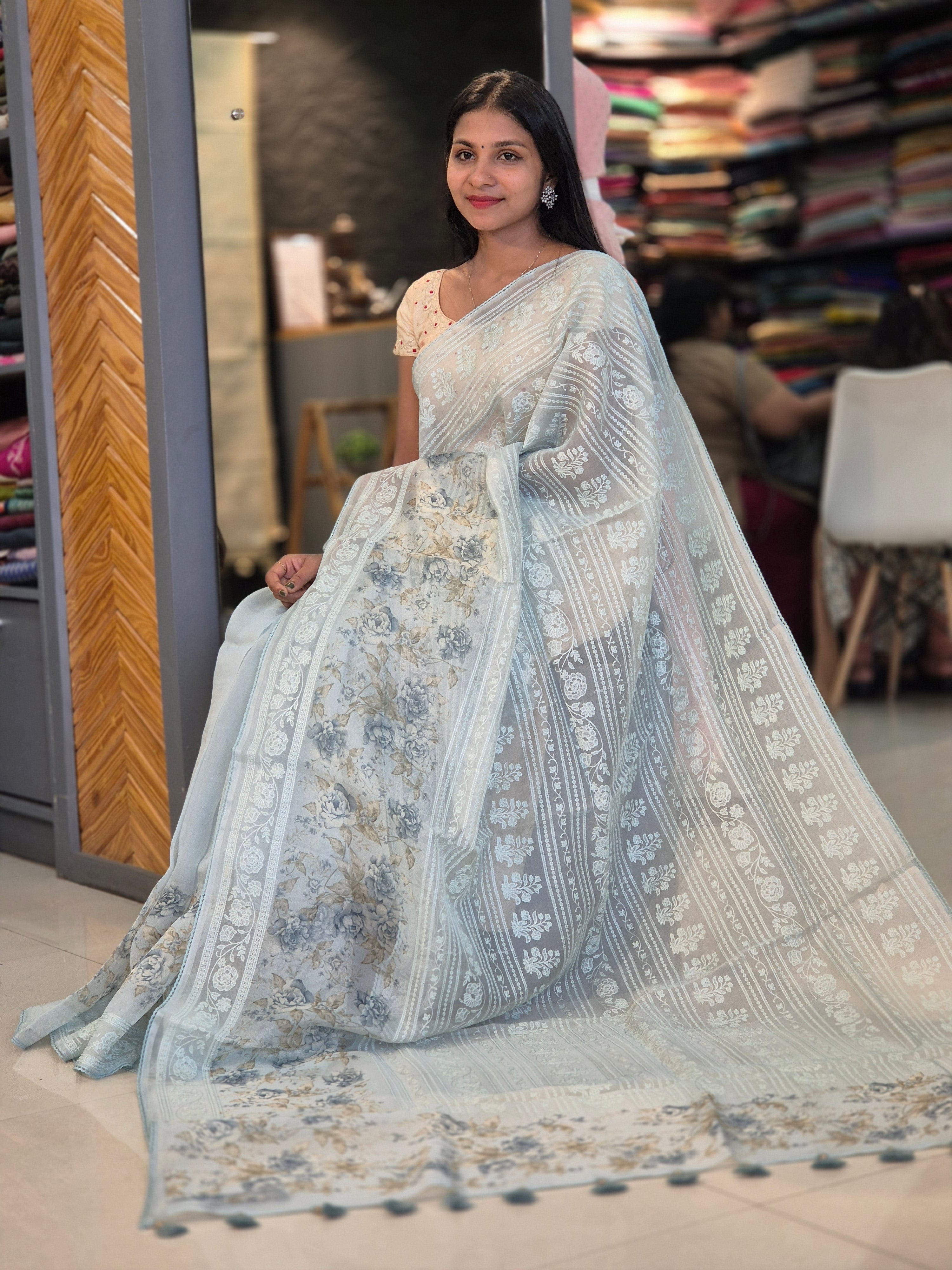 Embroidery &  Floral Digital Silk Organza Saree | SMC135