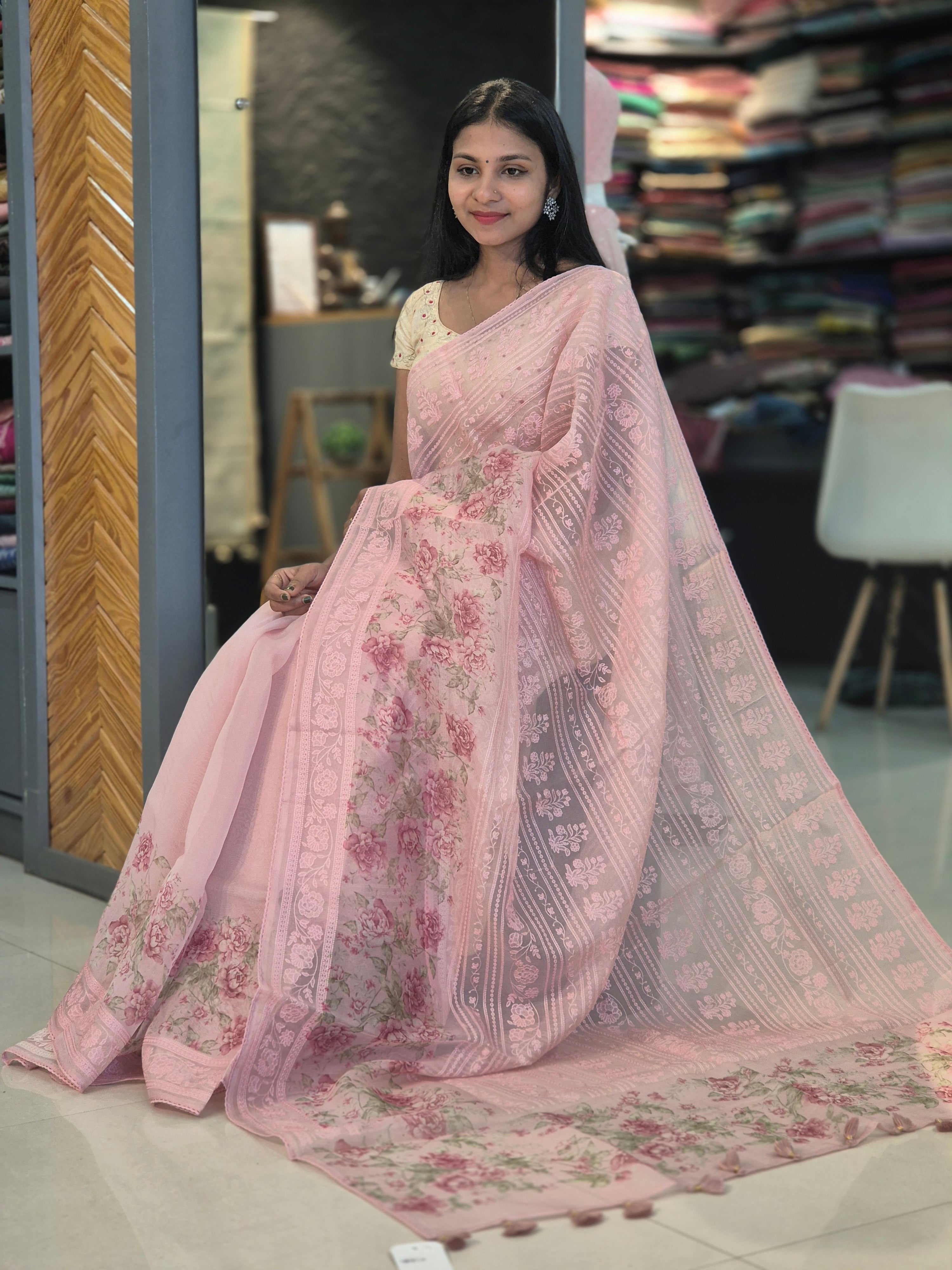 Embroidery &  Floral Digital Silk Organza Saree | SMC135