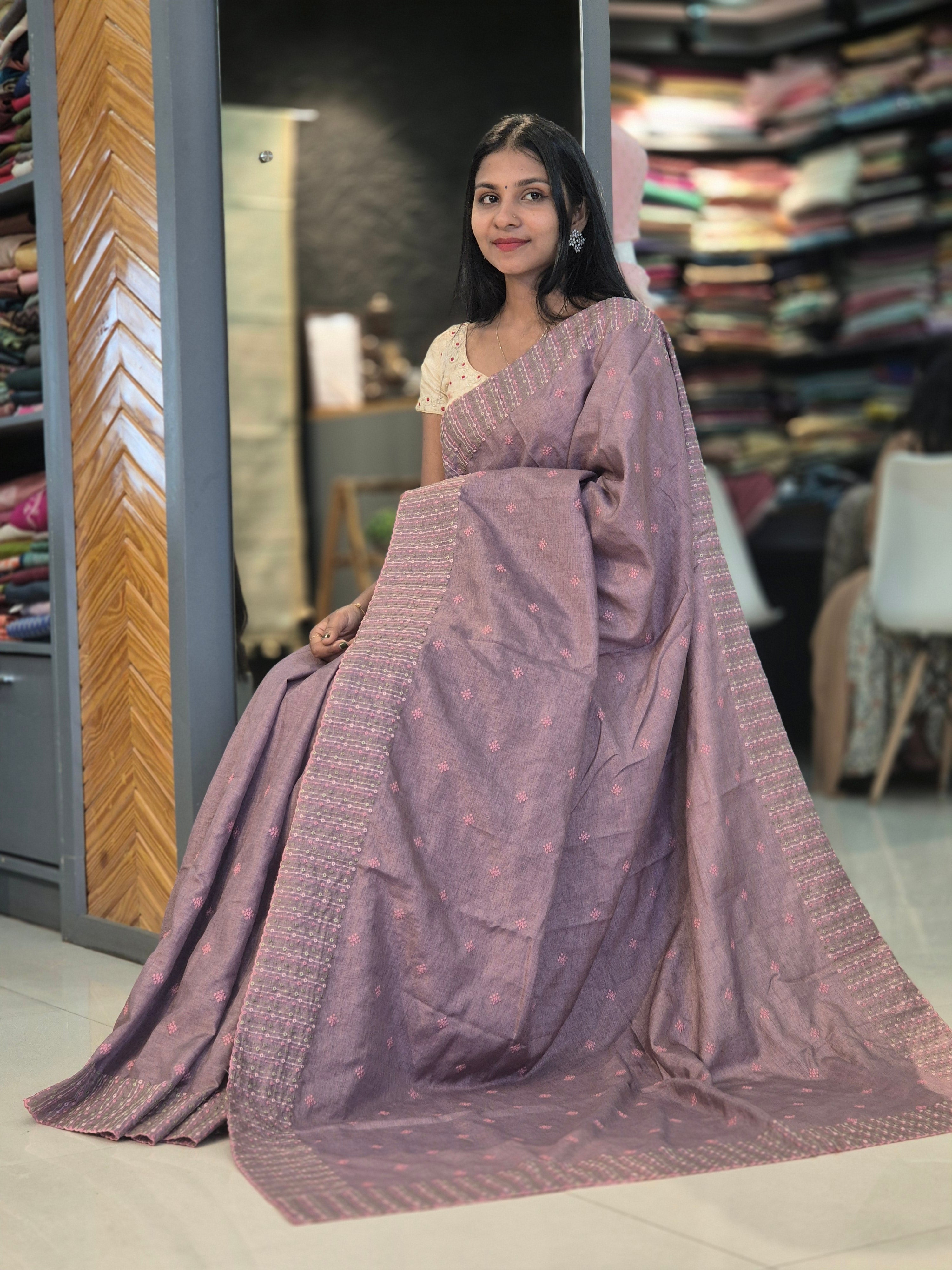 Manchine Embroidery Semi Tussar Saree | SBP237