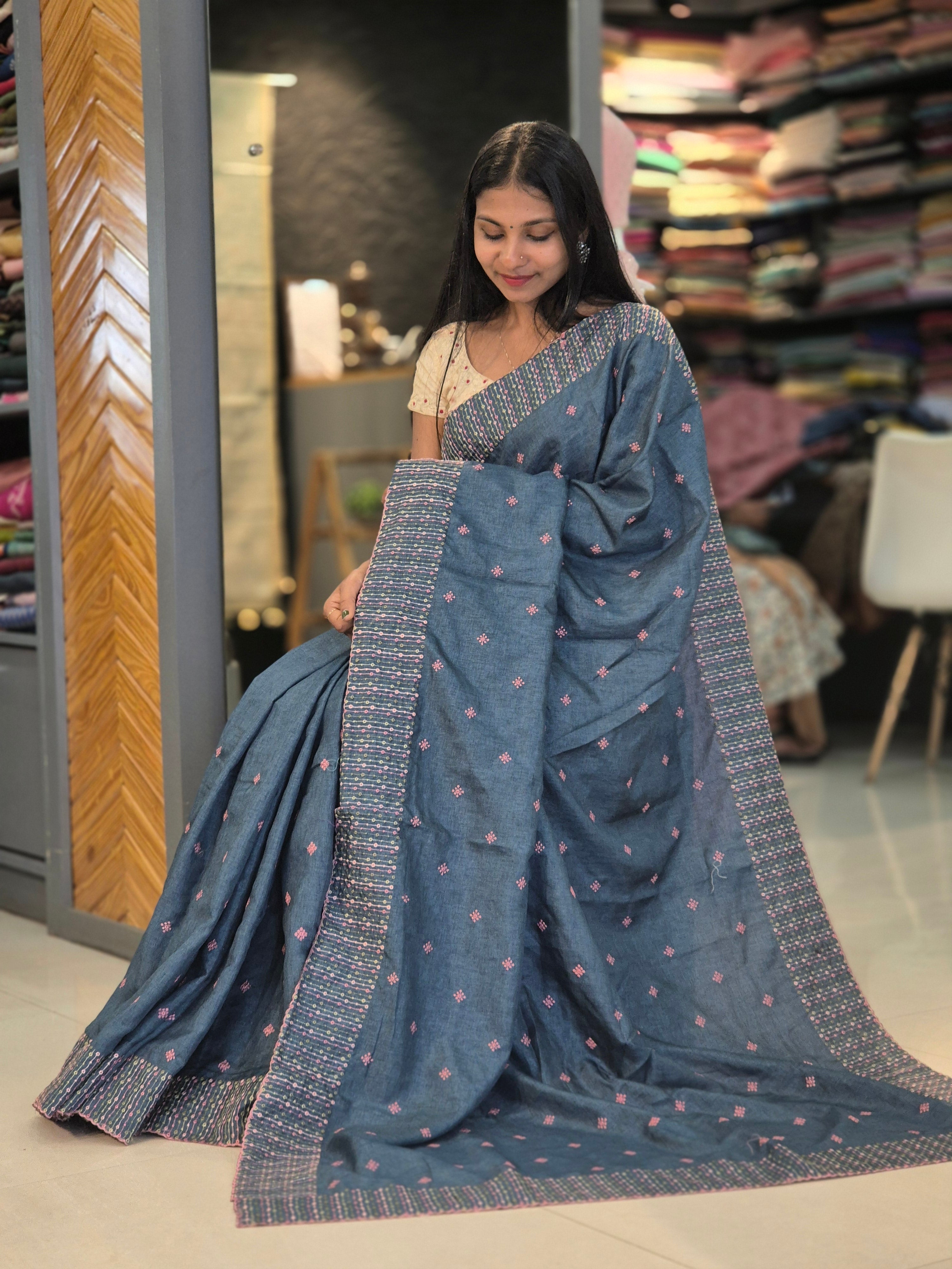 Manchine Embroidery Semi Tussar Saree | SBP237