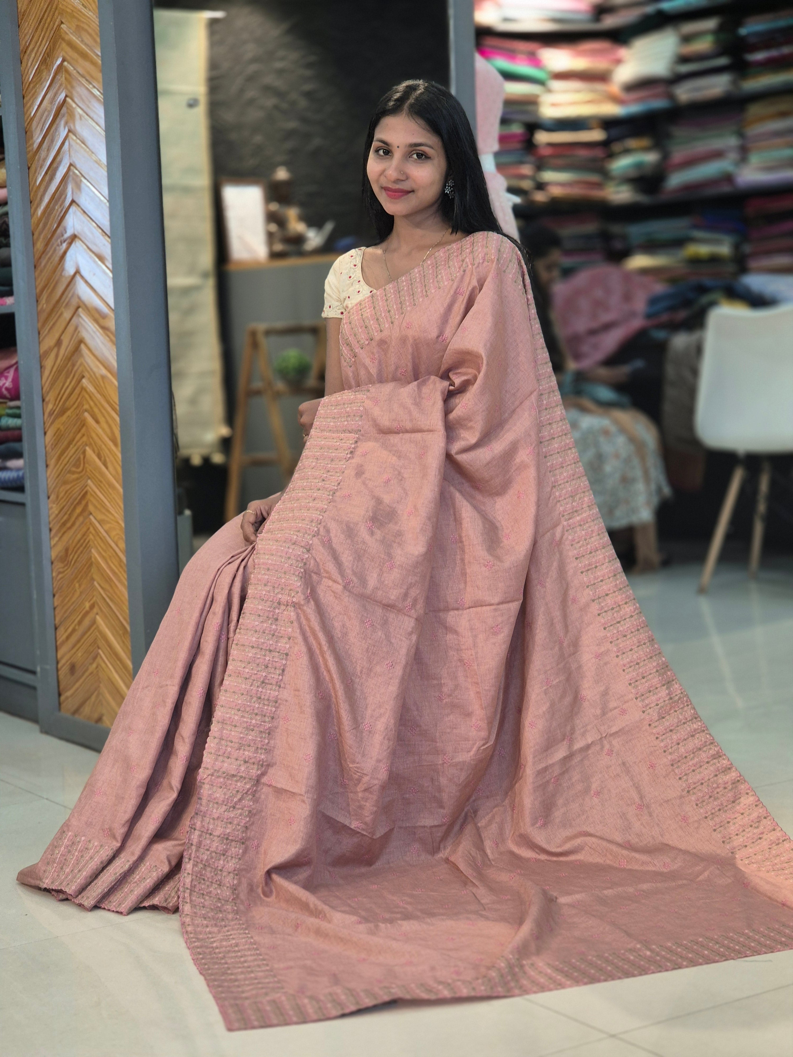 Manchine Embroidery Semi Tussar Saree | SBP237