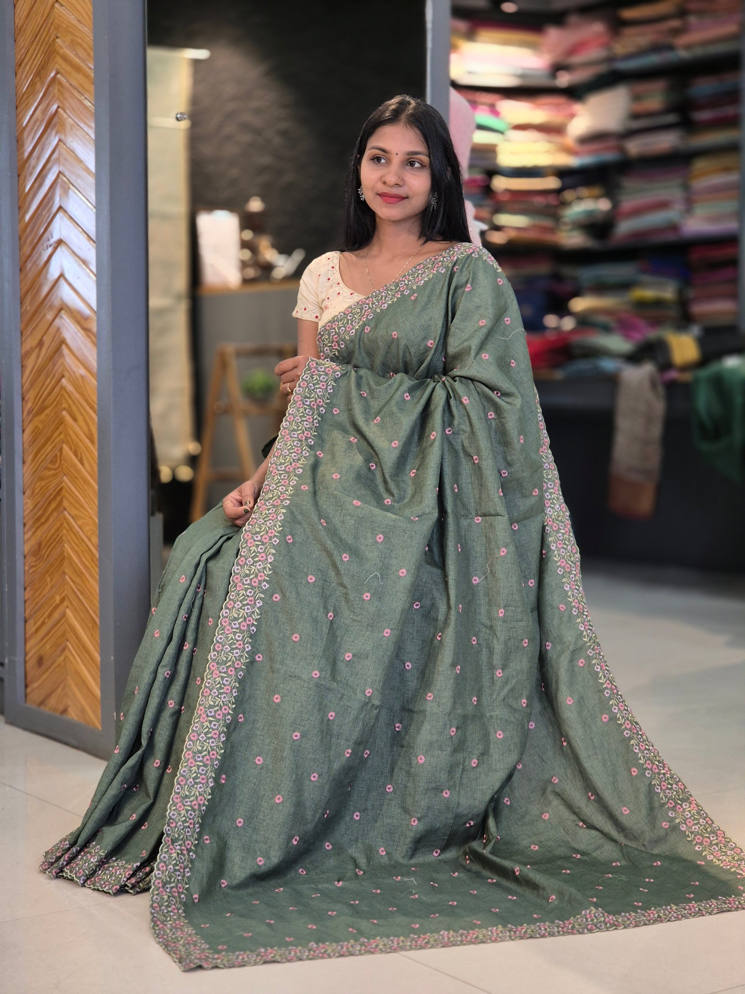 Machine Embroidery Semi Tussar Saree | SBP245