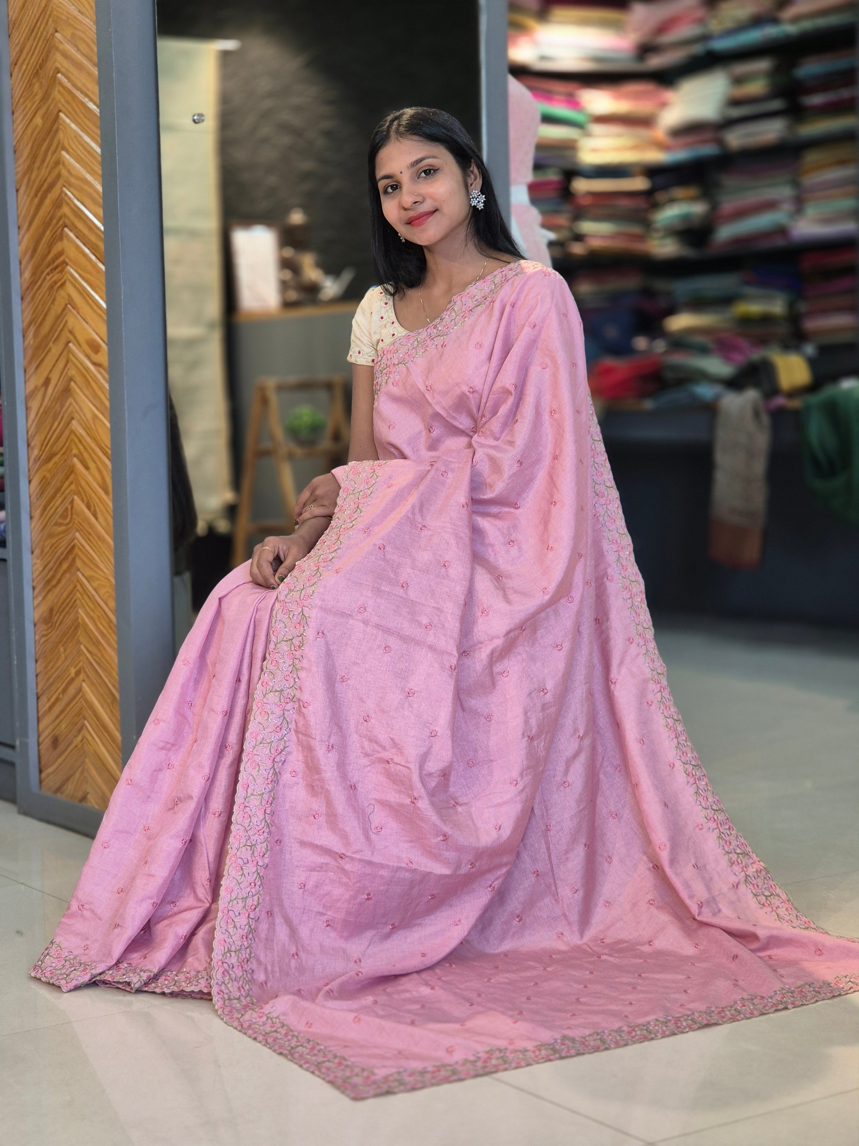 Machine Embroidery Semi Tussar Saree | SBP245