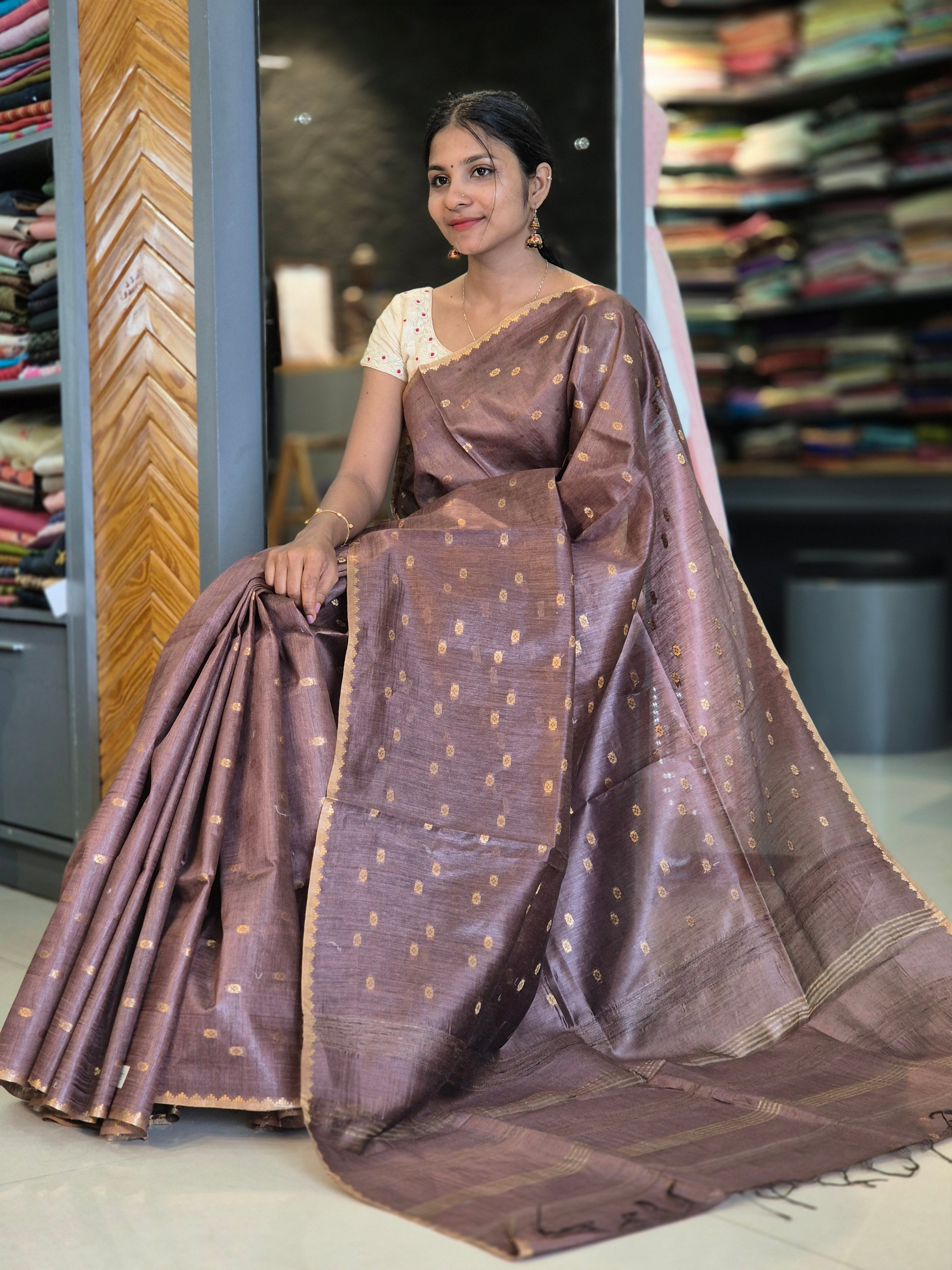 Zari Weaving Buta Bamboo Tussar Saree | SVF103