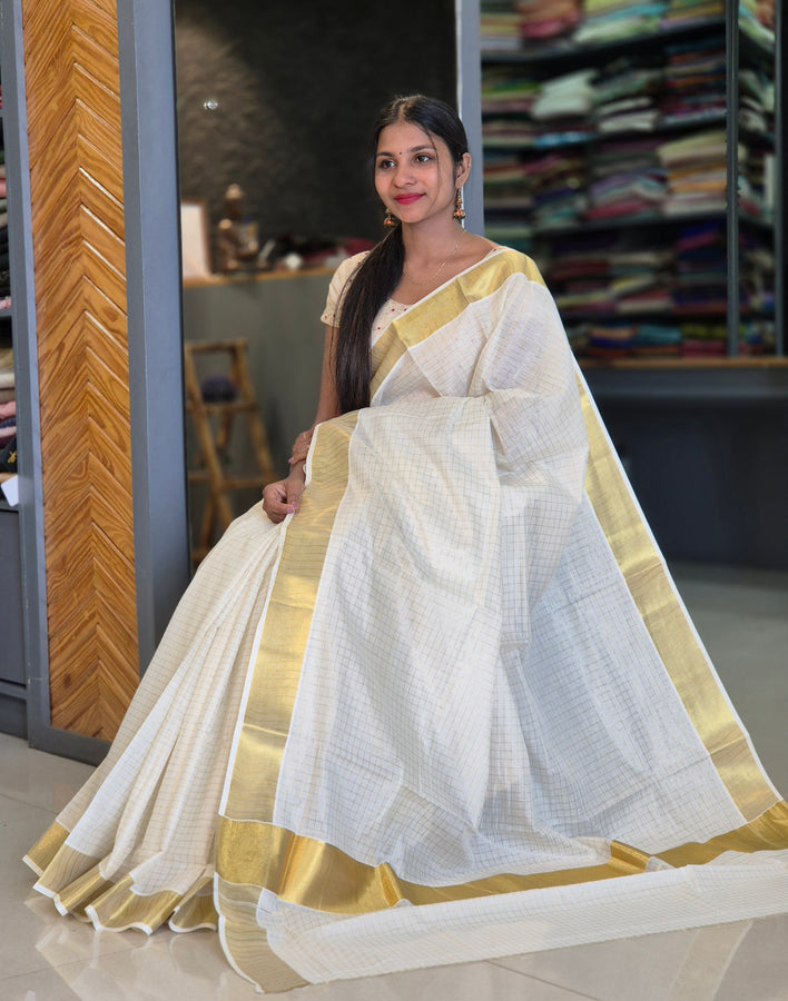 Check Weaving Kerala Cotton Saree | GAT191