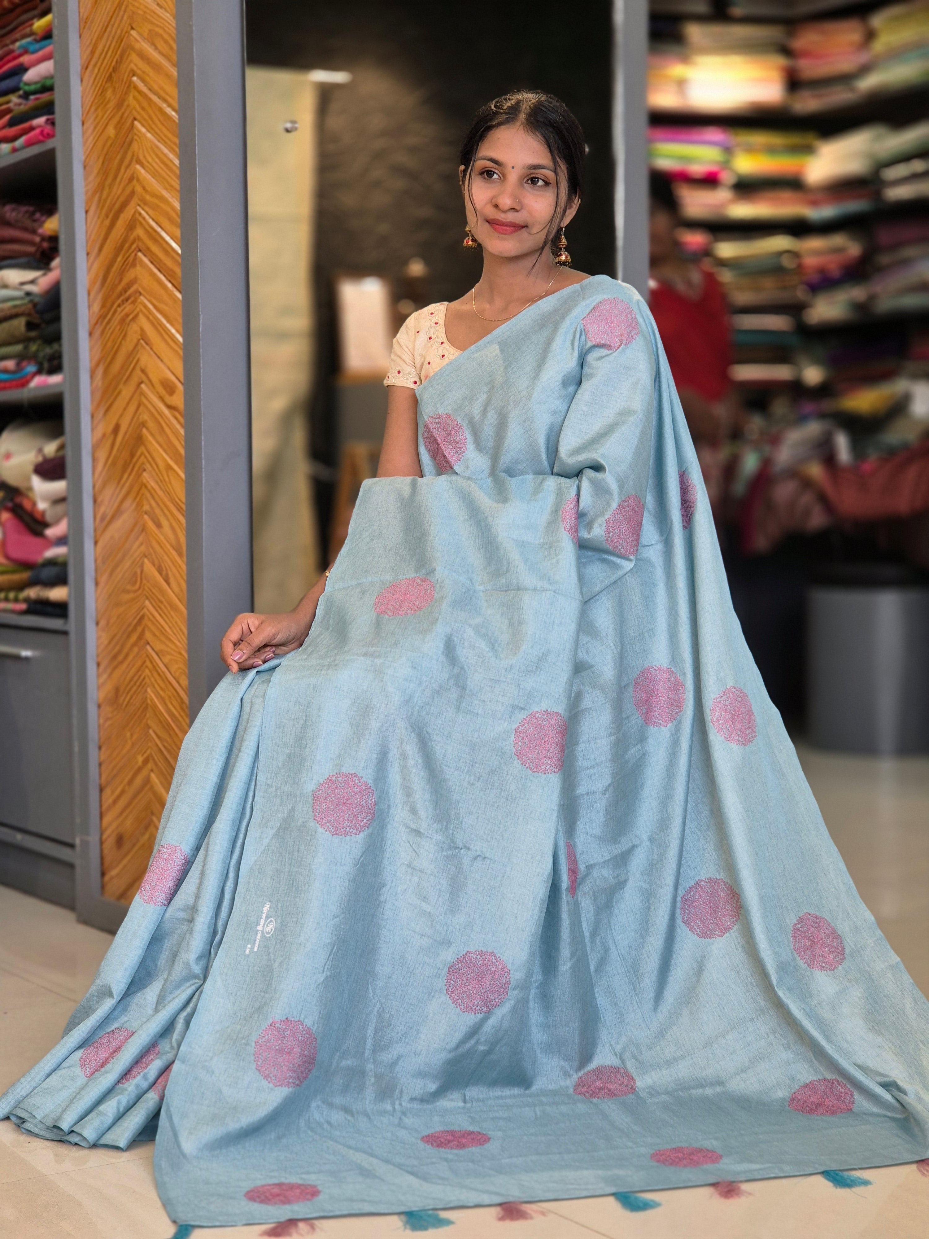 Machine Embroidery Semi Tussar Saree | SBP243